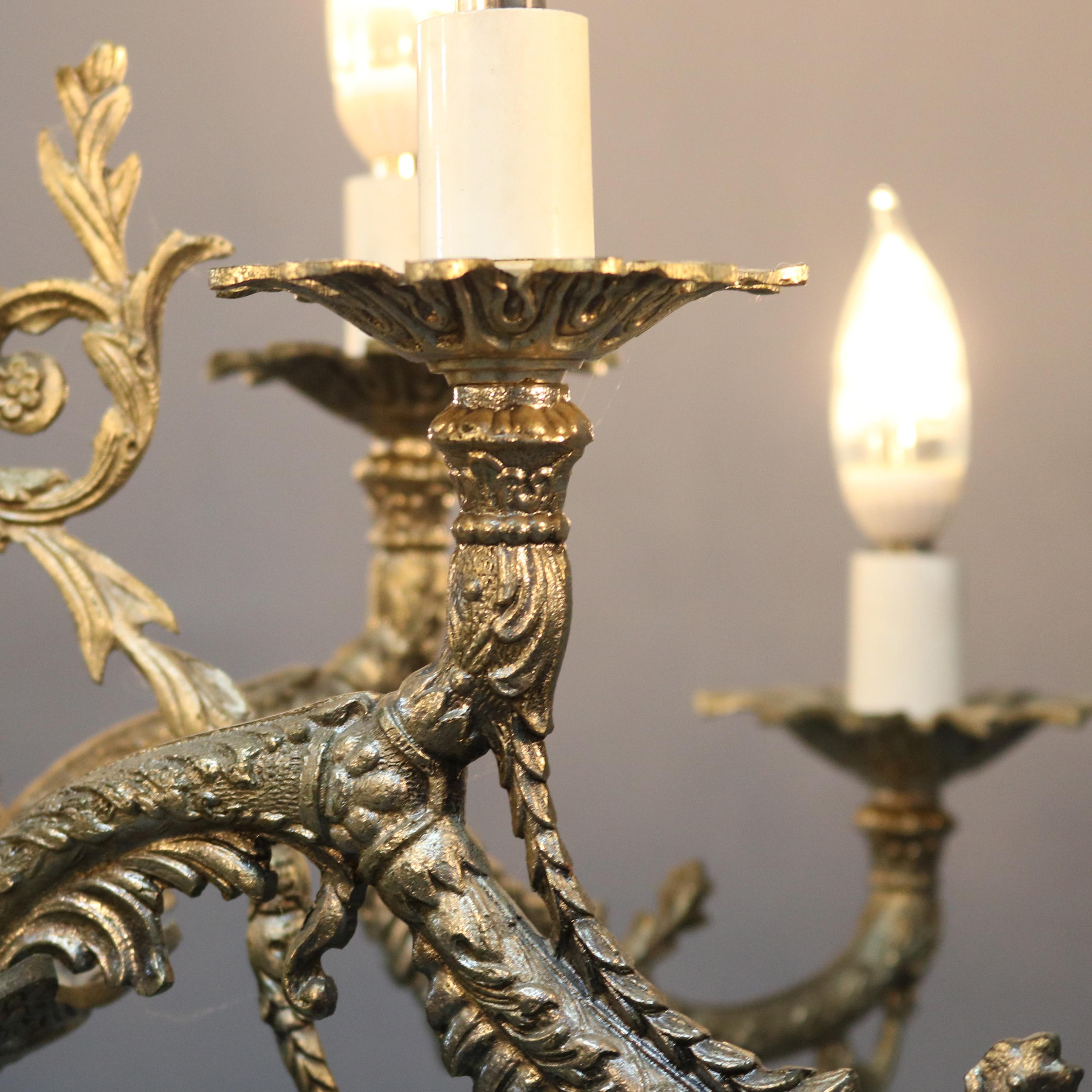 Metal Antique Continental Gilt Silver Figural 12 Light Chandelier with Angel, c1930