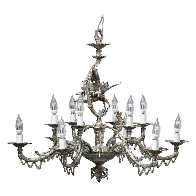 Antique Continental Gilt Silver Figural 12 Light Chandelier with Angel, c1930 For Sale