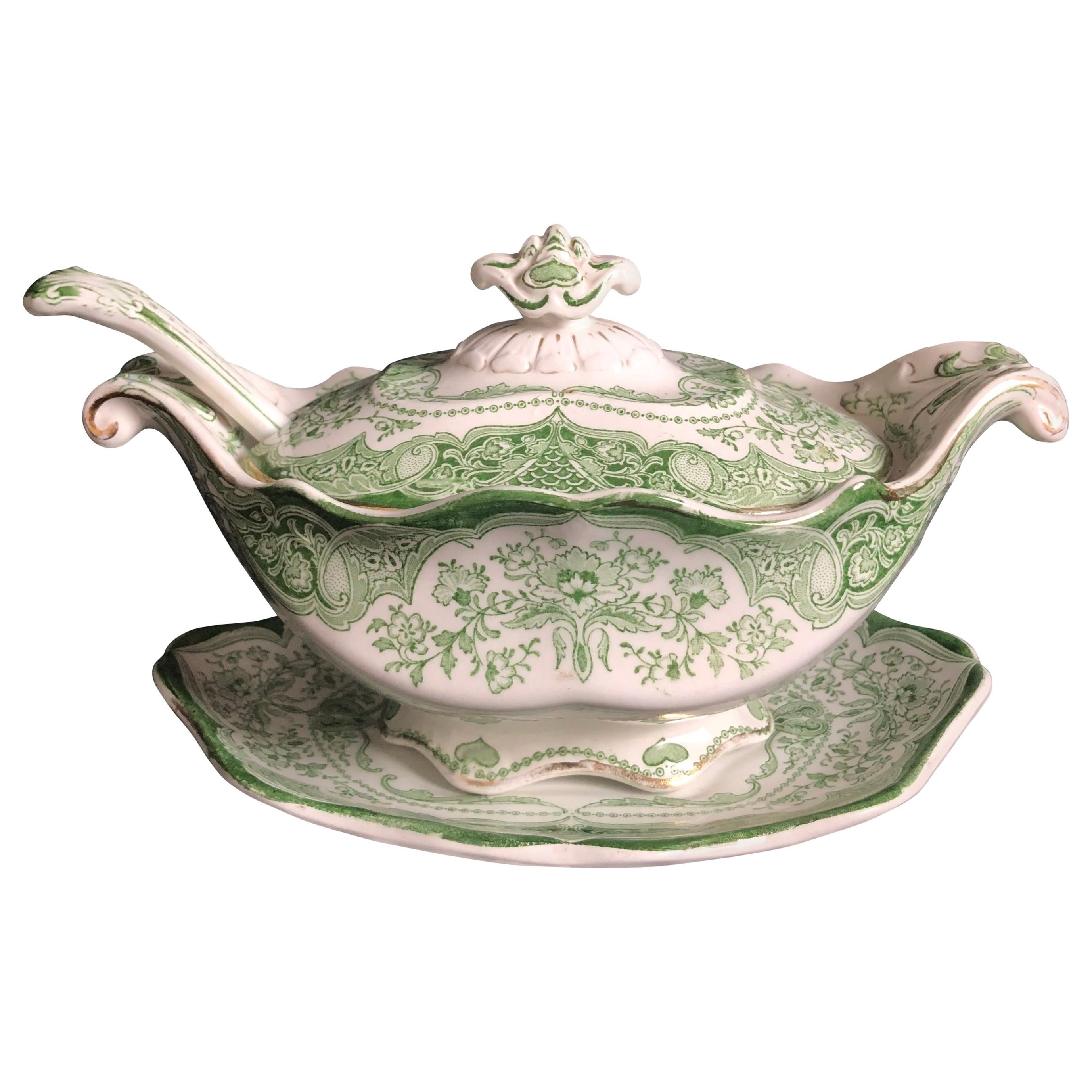 Antique Continental Green and White 4-Piece Gravy Boat