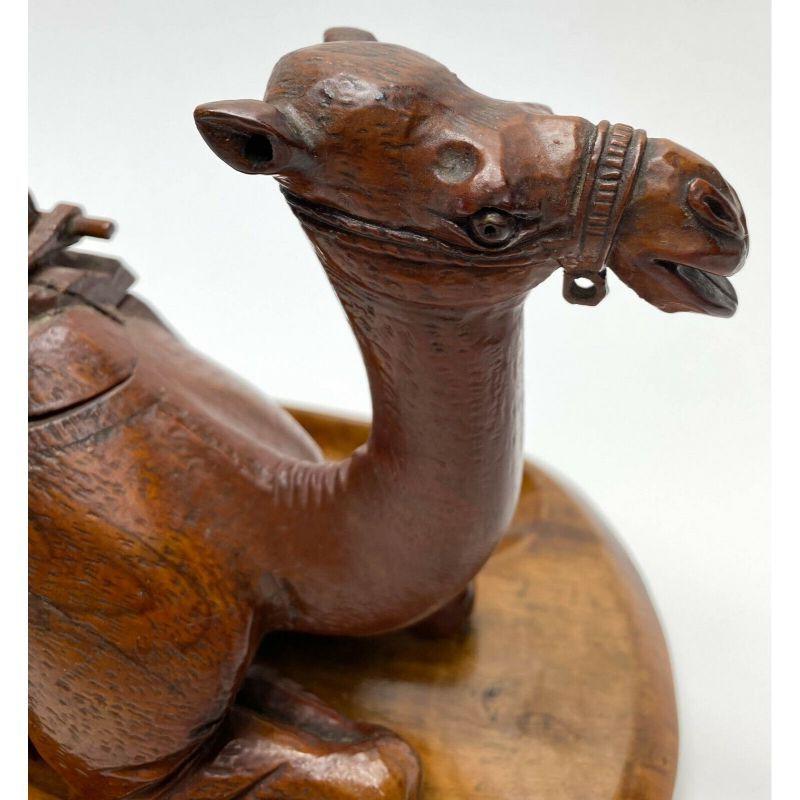 Wood Antique Continental Hand Carved Novelty Ink Stand & Pen Tray Camel Formed For Sale