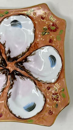 Antique Continental Hand-Painted Peach Porcelain Shaped Oyster Plate, Circa 1880
