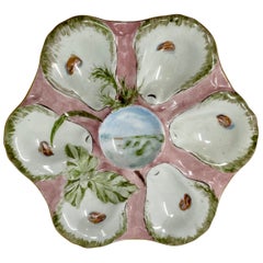 Antique Continental Hand-Painted Pink & Green Porcelain Oyster Plate, Ca. 1900