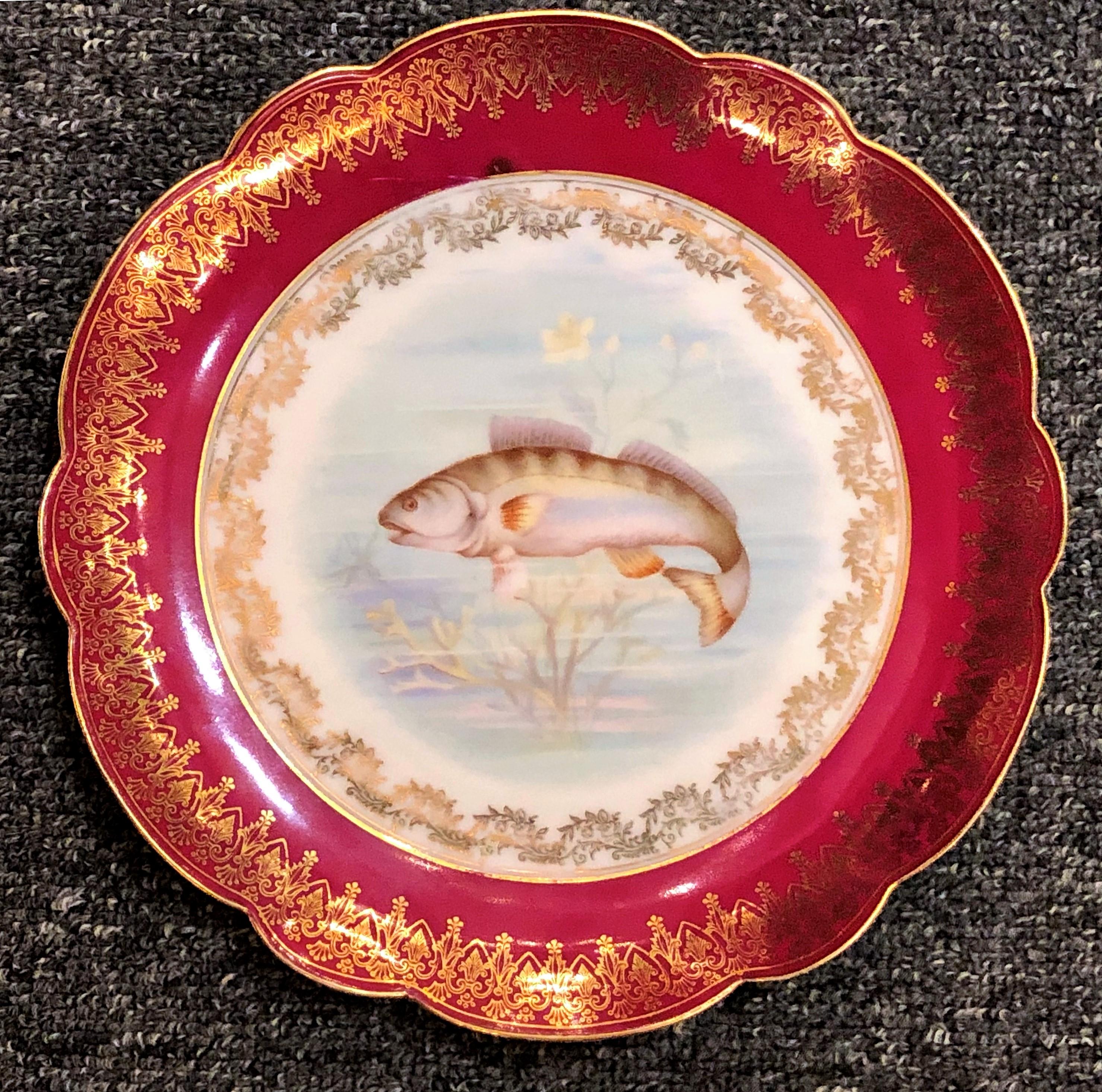 Antique Continental Hand Painted Porcelain 12-Piece Fish Set, circa 1880 In Good Condition In New Orleans, LA