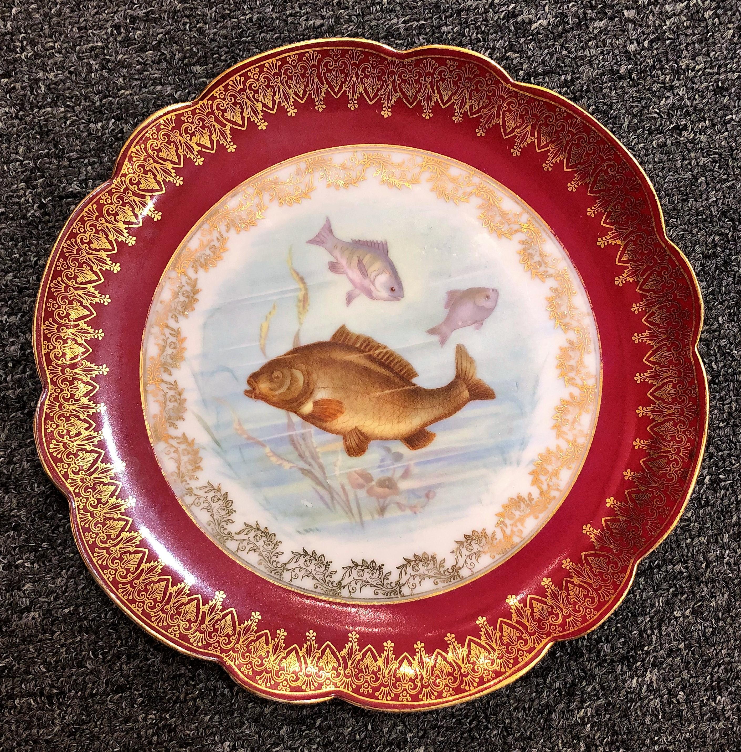 19th Century Antique Continental Hand Painted Porcelain 12-Piece Fish Set, circa 1880