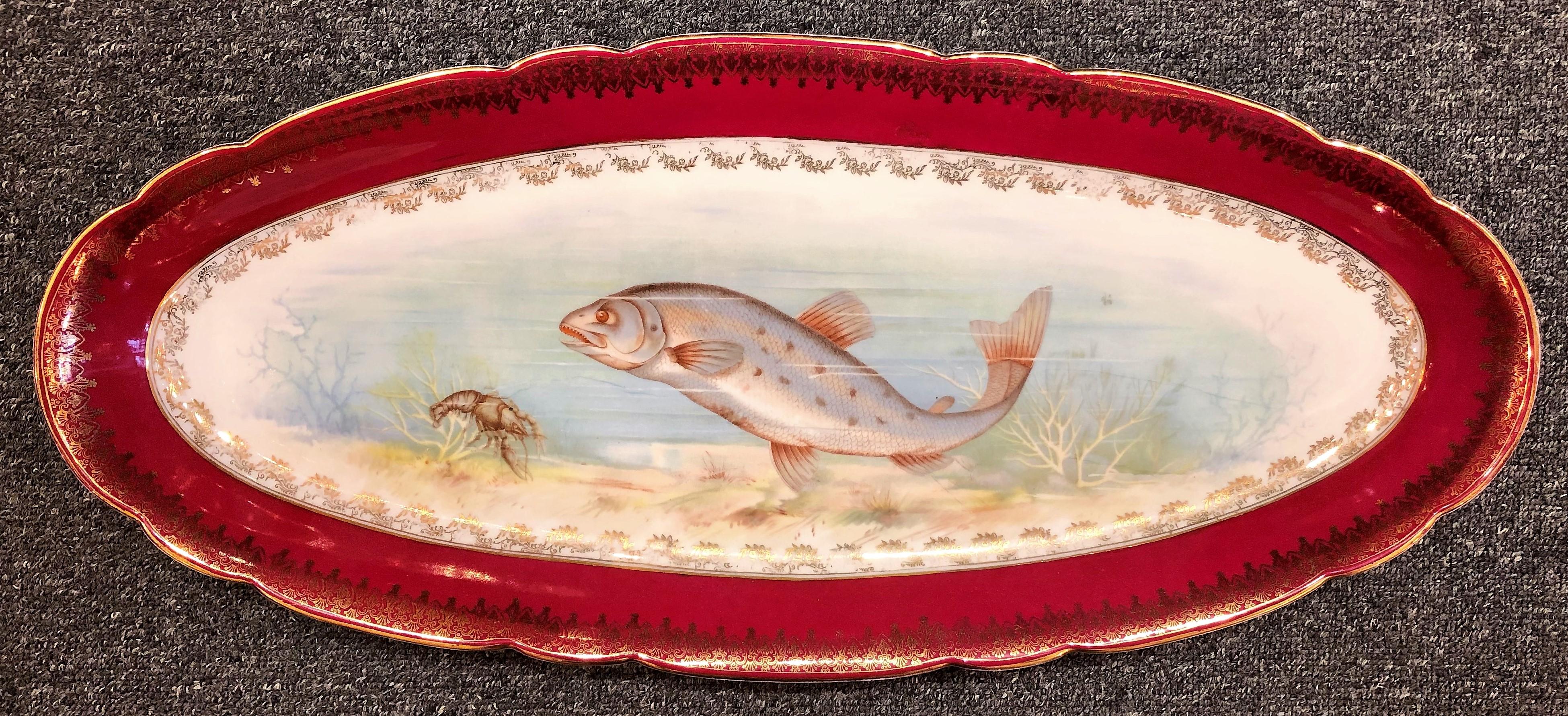 Antique Continental Hand Painted Porcelain 12-Piece Fish Set, circa 1880 2
