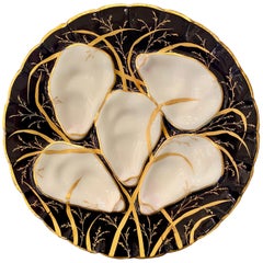 Antique Continental Hand-Painted Porcelain Cobalt & Gold Oyster Plate Circa 1890
