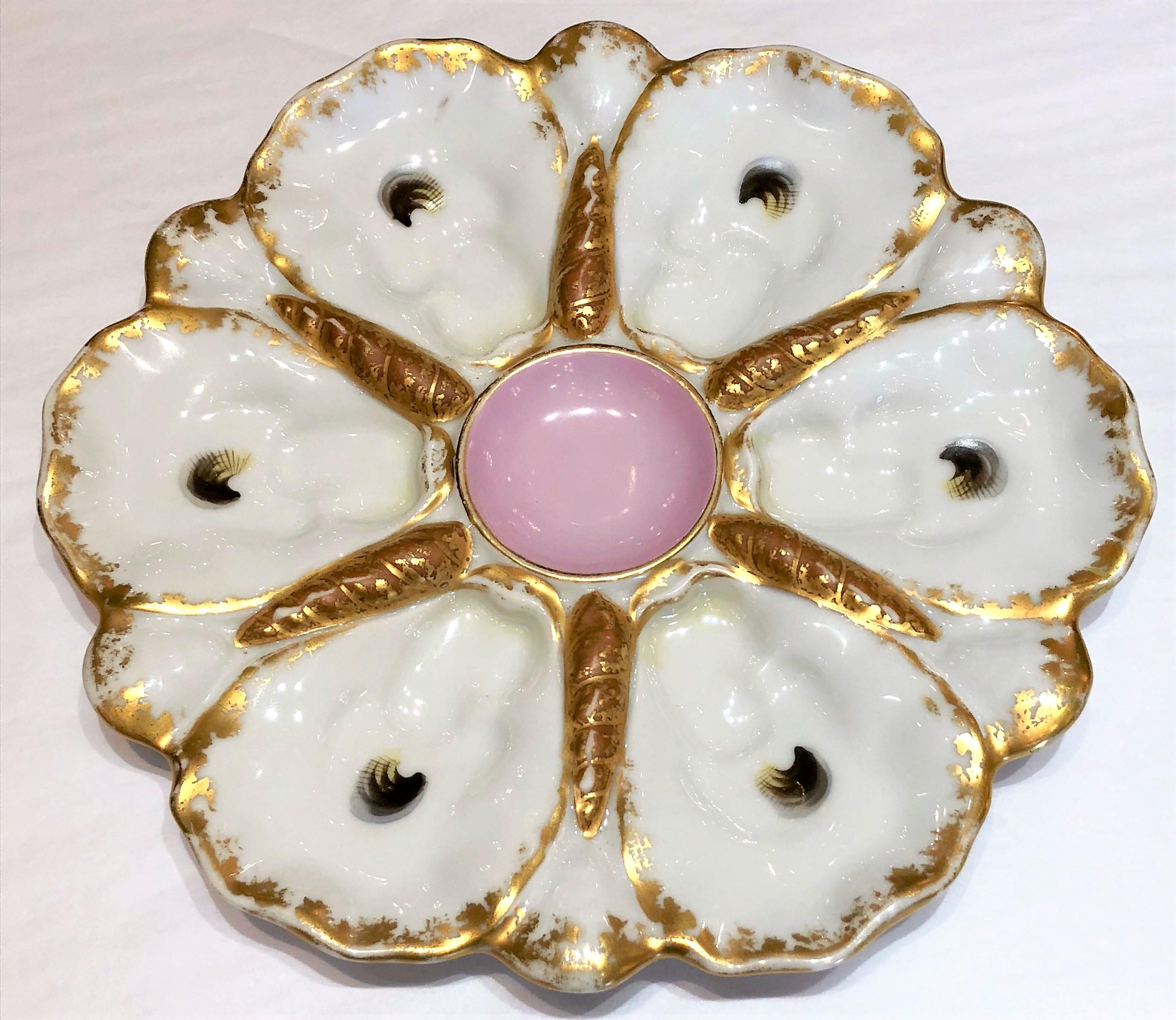Antique continental hand-painted porcelain oyster plate, circa 1890.