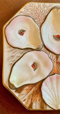 Antique Continental Hand-Painted Porcelain Shaped Oyster Plate, Circa 1900.