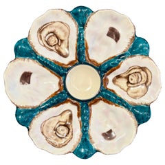 Antique Continental Hand-Painted Teal Porcelain Oyster Plate, Circa 1880-1890.