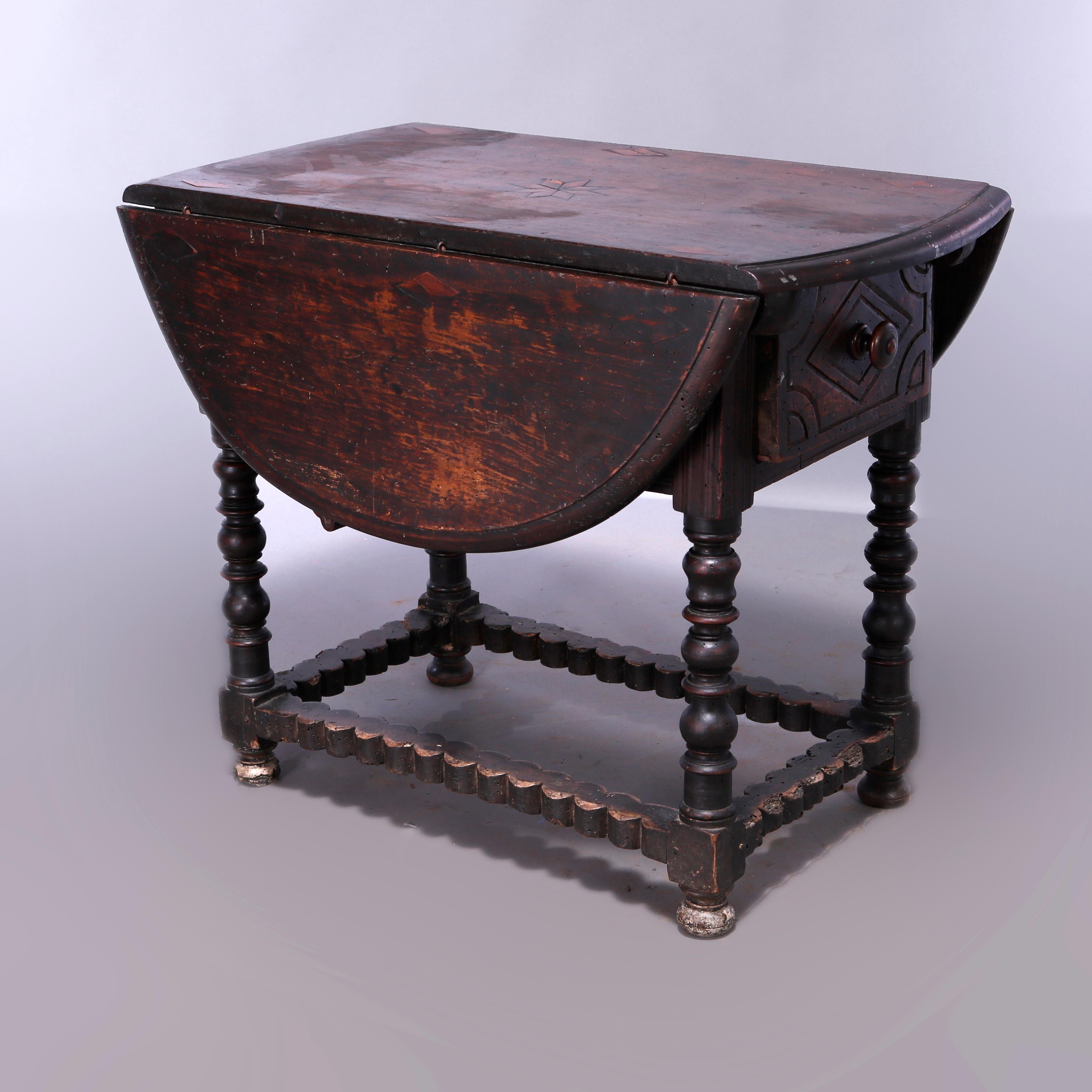 Carved Antique Continental Inlaid Walnut Drop-Leaf Table, 17th Century