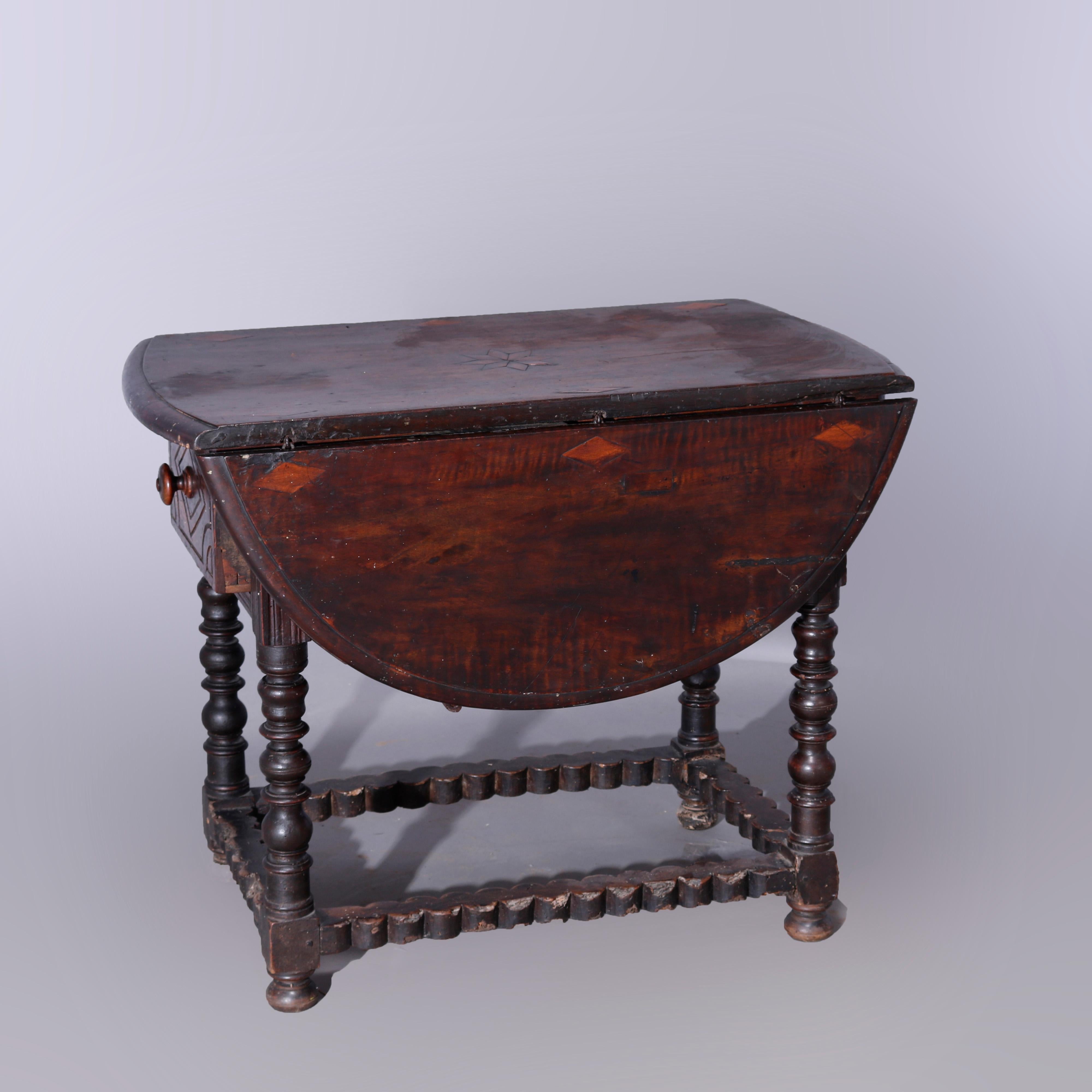 Antique Continental Inlaid Walnut Drop-Leaf Table, 17th Century In Good Condition In Big Flats, NY