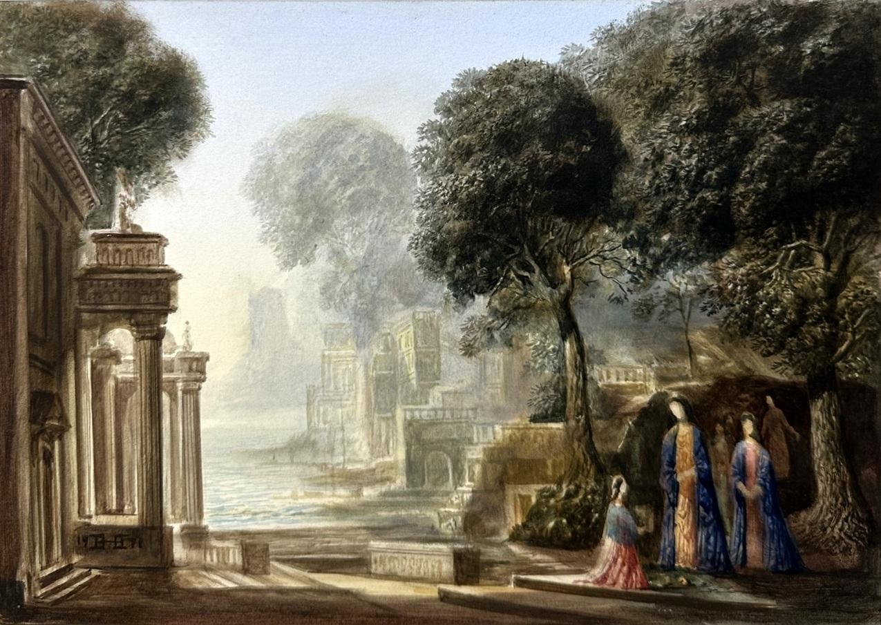 Stunning continental view possibly venice, Italy. Watercolour on Artists board, last quarter of the 19th century. 

Depicting Mountainous and Landscape views with three ladies beside a large tree with a central lake and an Architectural study of a