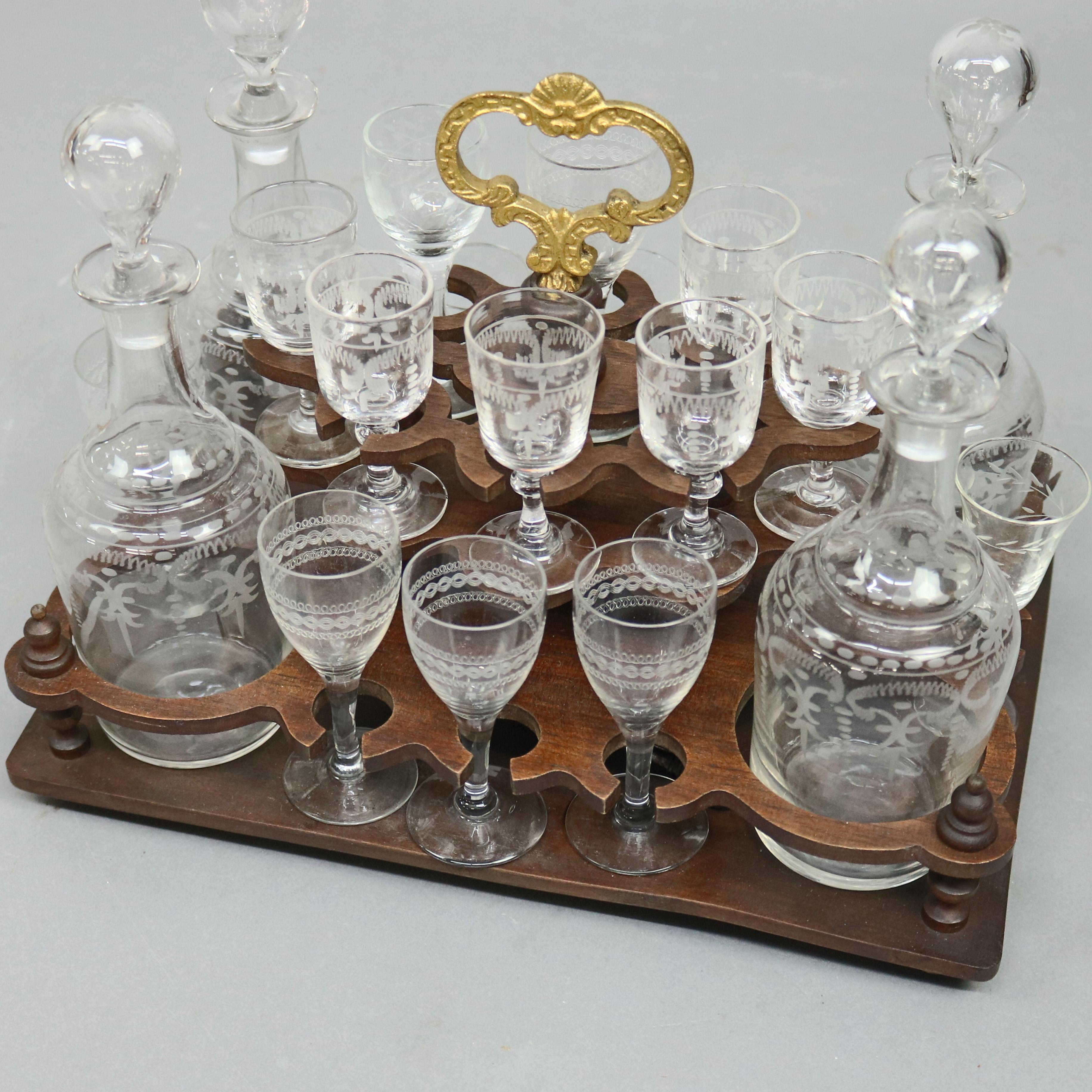 Continental Mahogany and Etched Glass Tantalus Set with Stemware, circa 1890 4