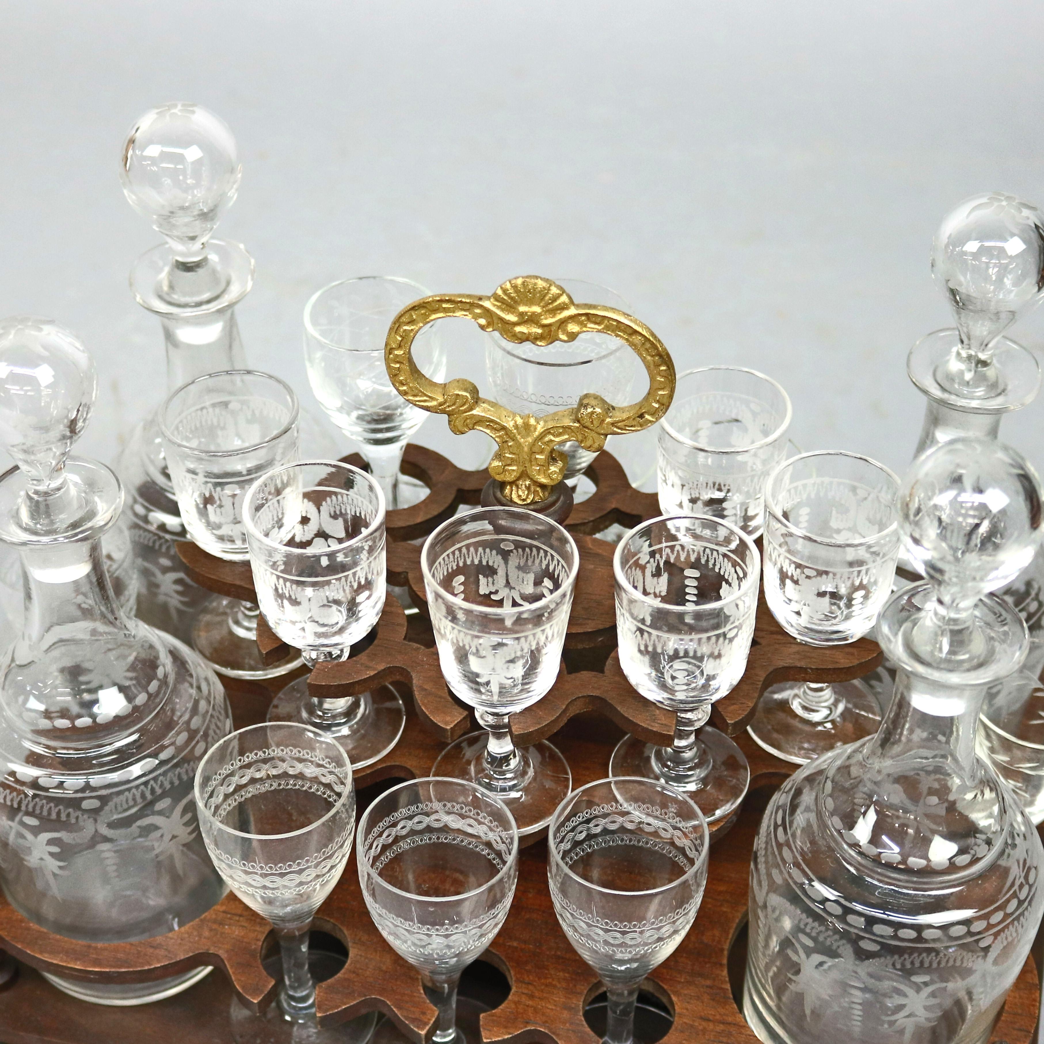 Continental Mahogany and Etched Glass Tantalus Set with Stemware, circa 1890 5