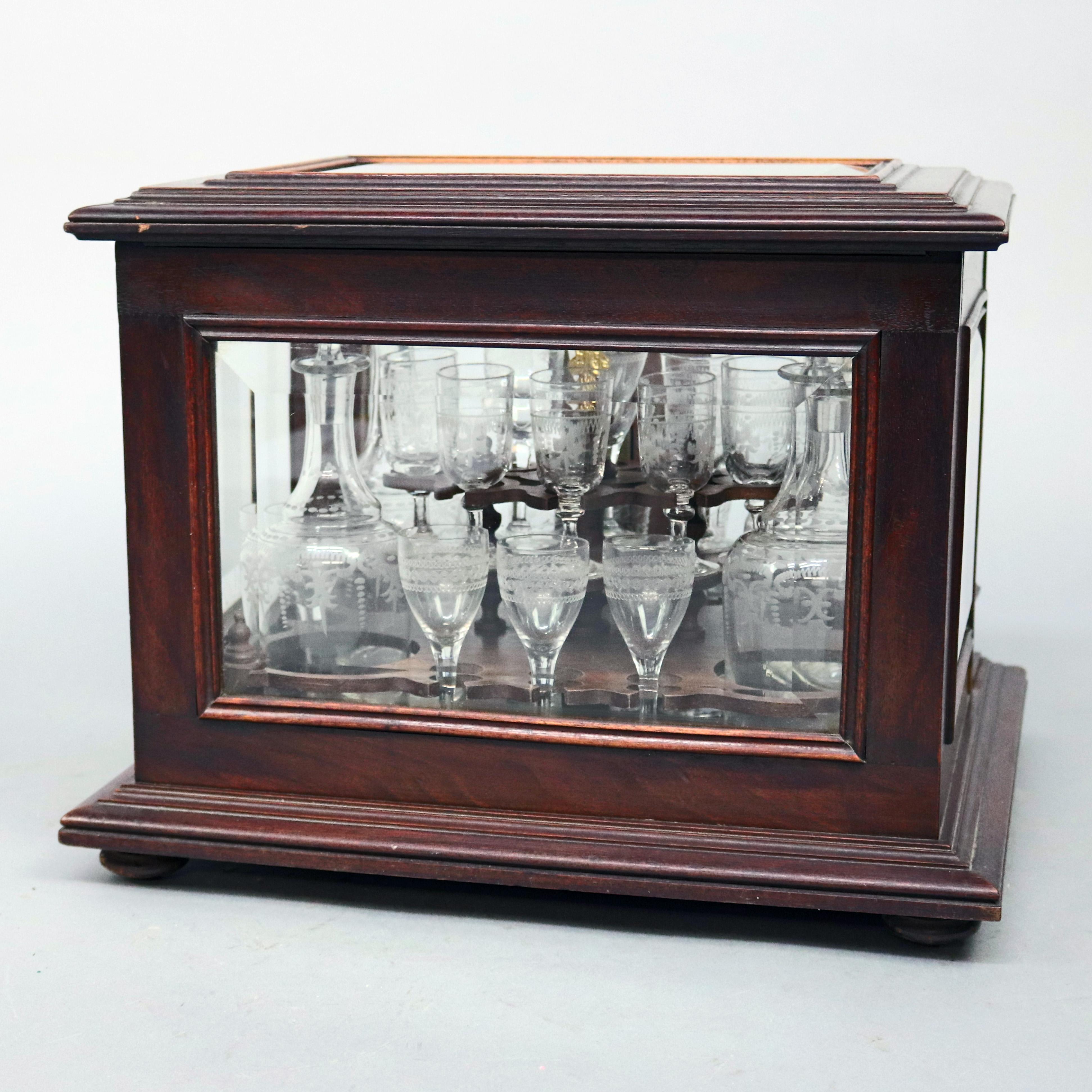 Continental Mahogany and Etched Glass Tantalus Set with Stemware, circa 1890 In Good Condition In Big Flats, NY