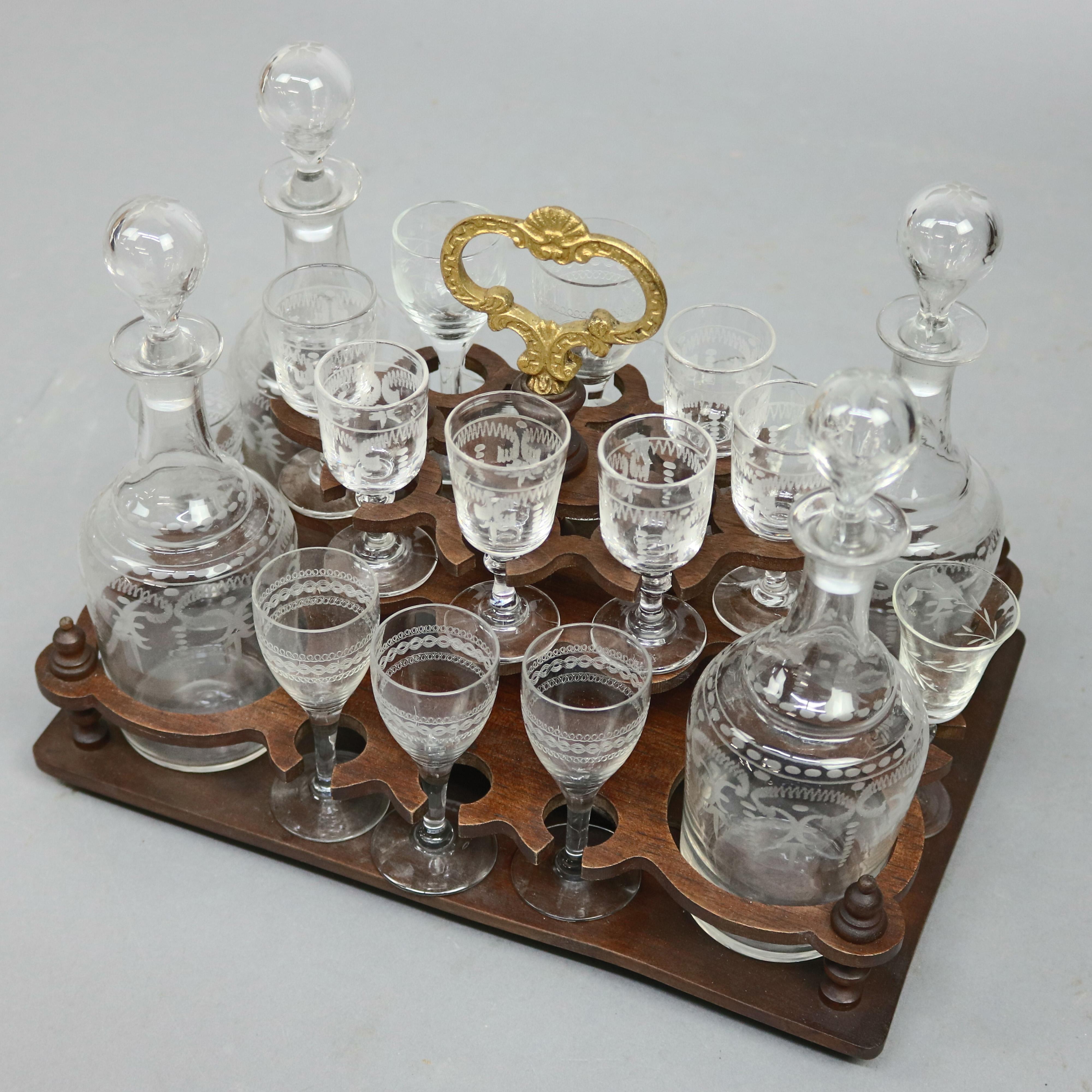 19th Century Continental Mahogany and Etched Glass Tantalus Set with Stemware, circa 1890