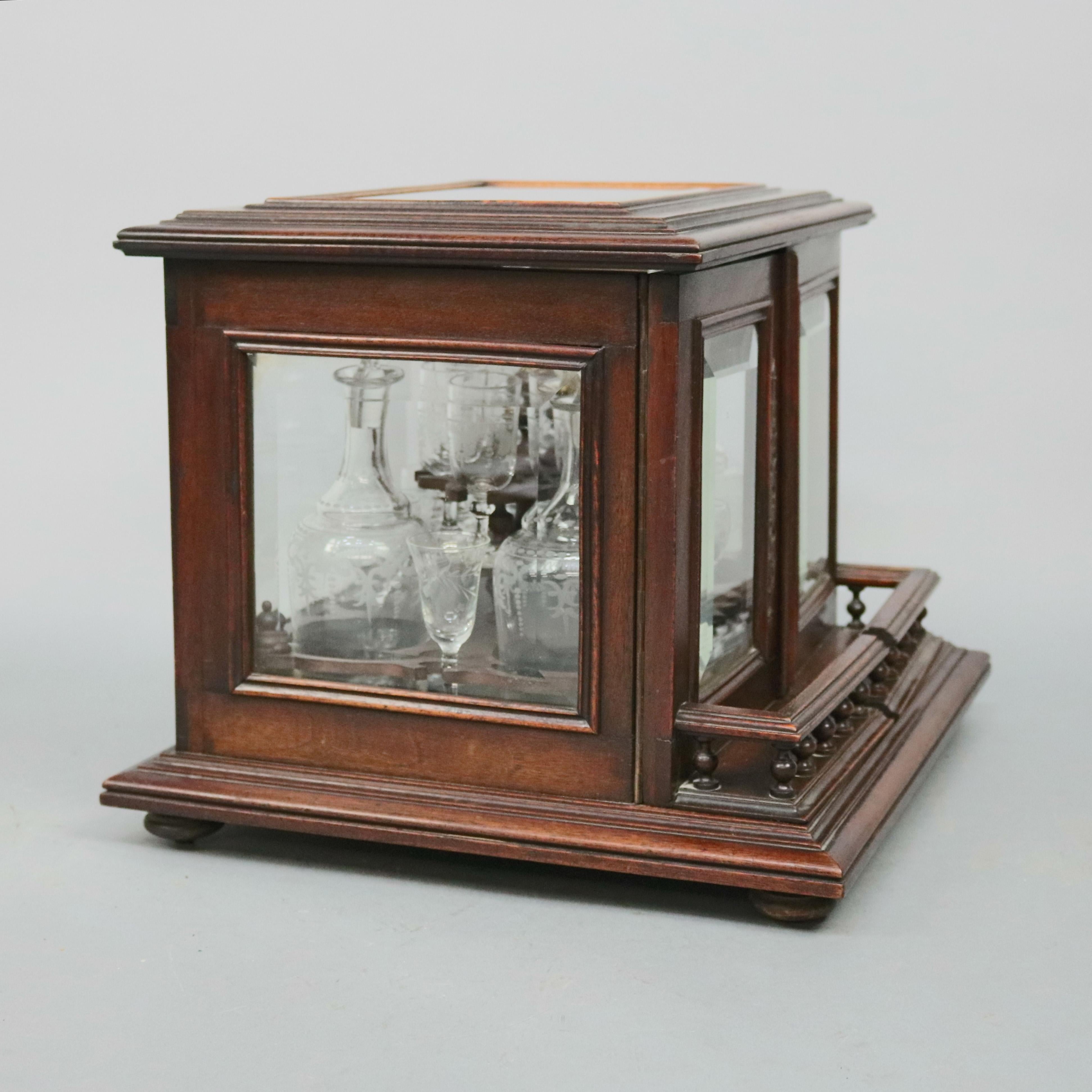 Crystal Continental Mahogany and Etched Glass Tantalus Set with Stemware, circa 1890
