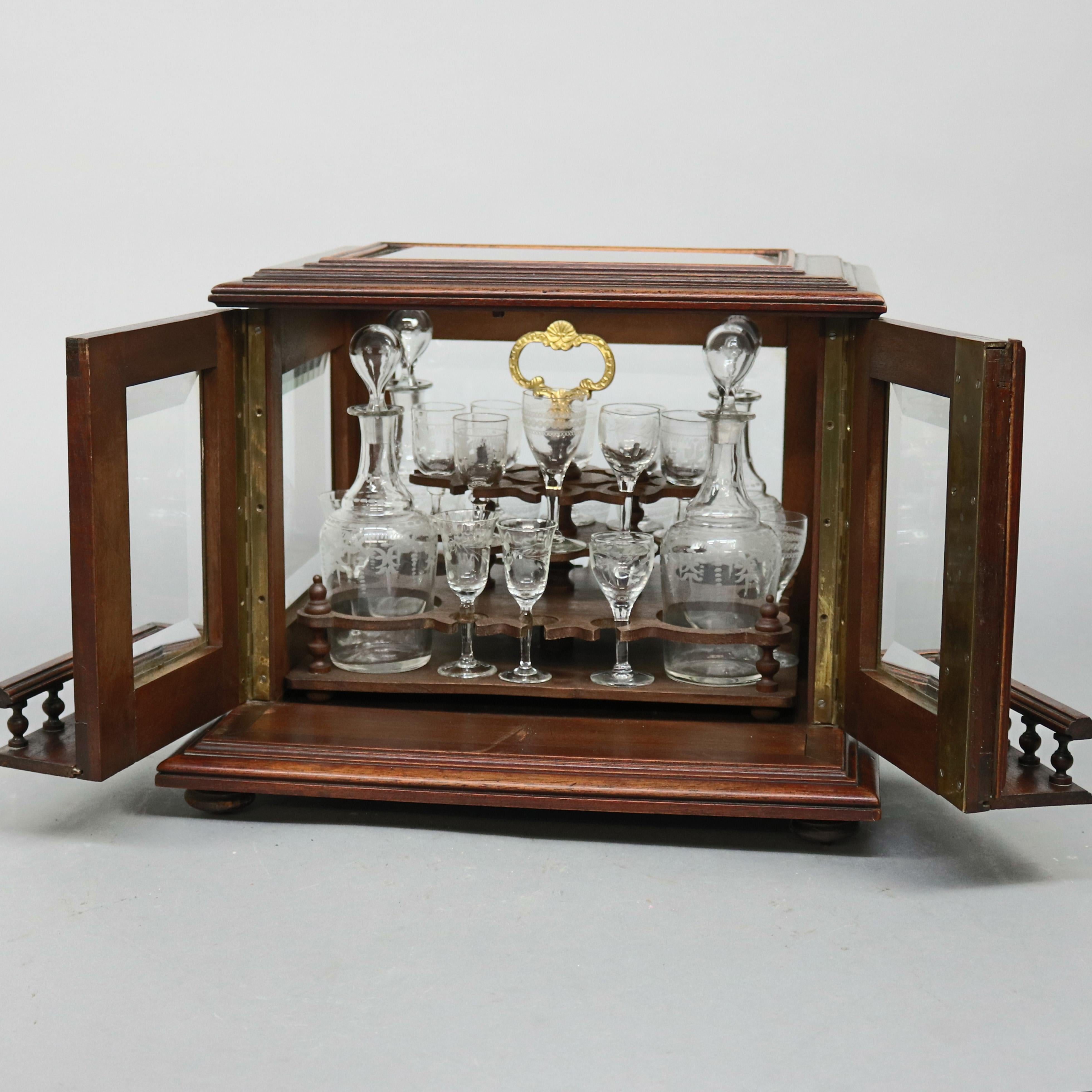 Continental Mahogany and Etched Glass Tantalus Set with Stemware, circa 1890 1