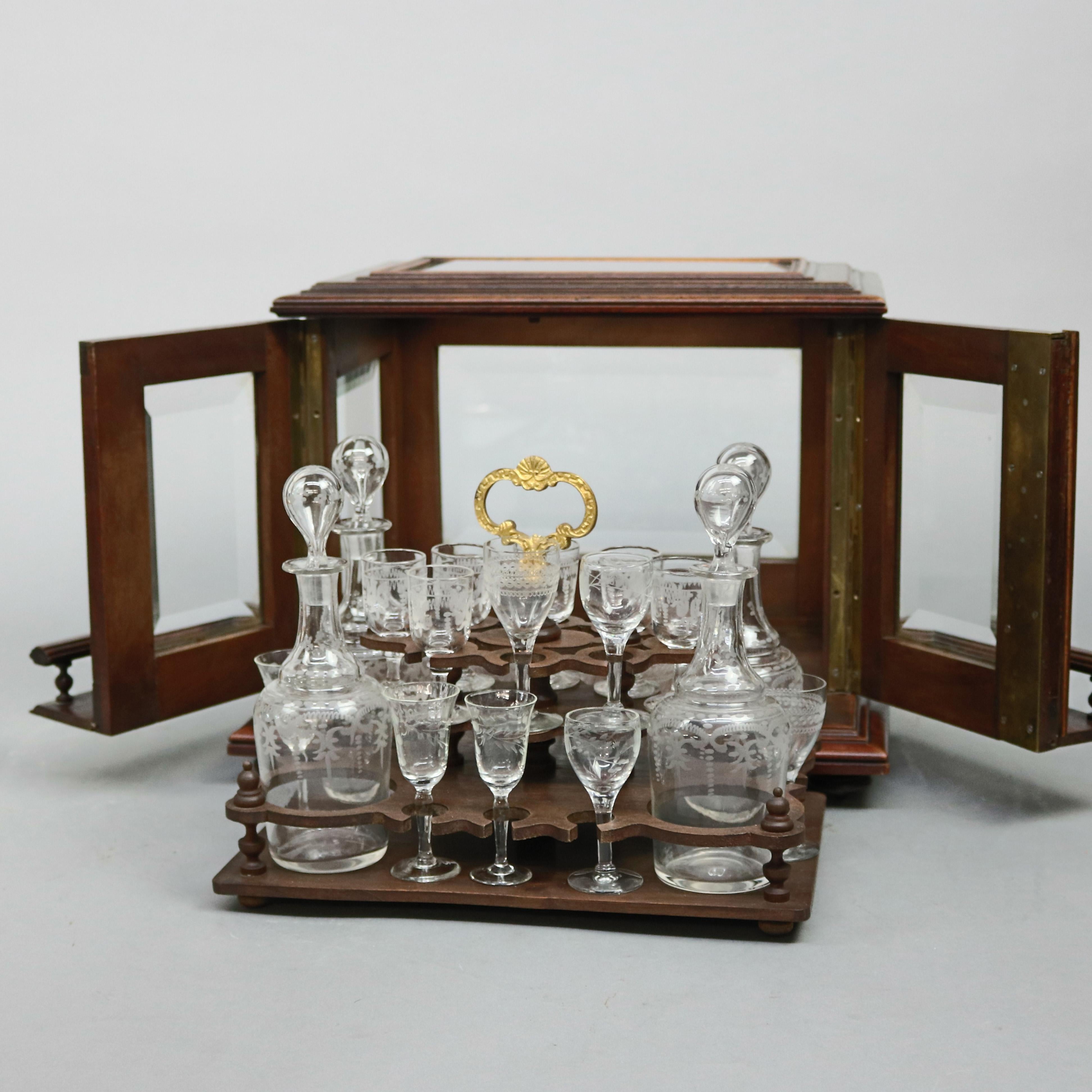 Continental Mahogany and Etched Glass Tantalus Set with Stemware, circa 1890 2