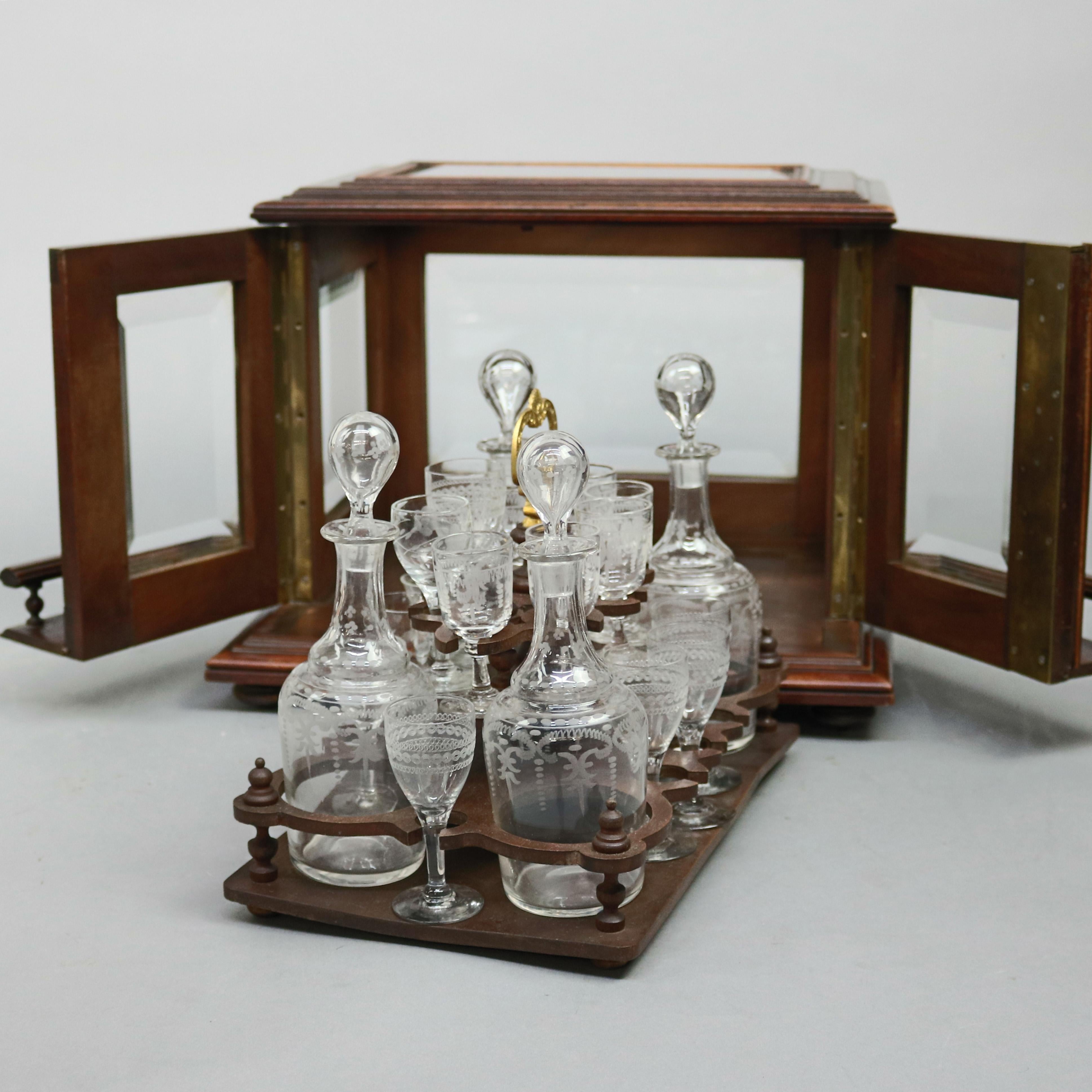 Continental Mahogany and Etched Glass Tantalus Set with Stemware, circa 1890 3