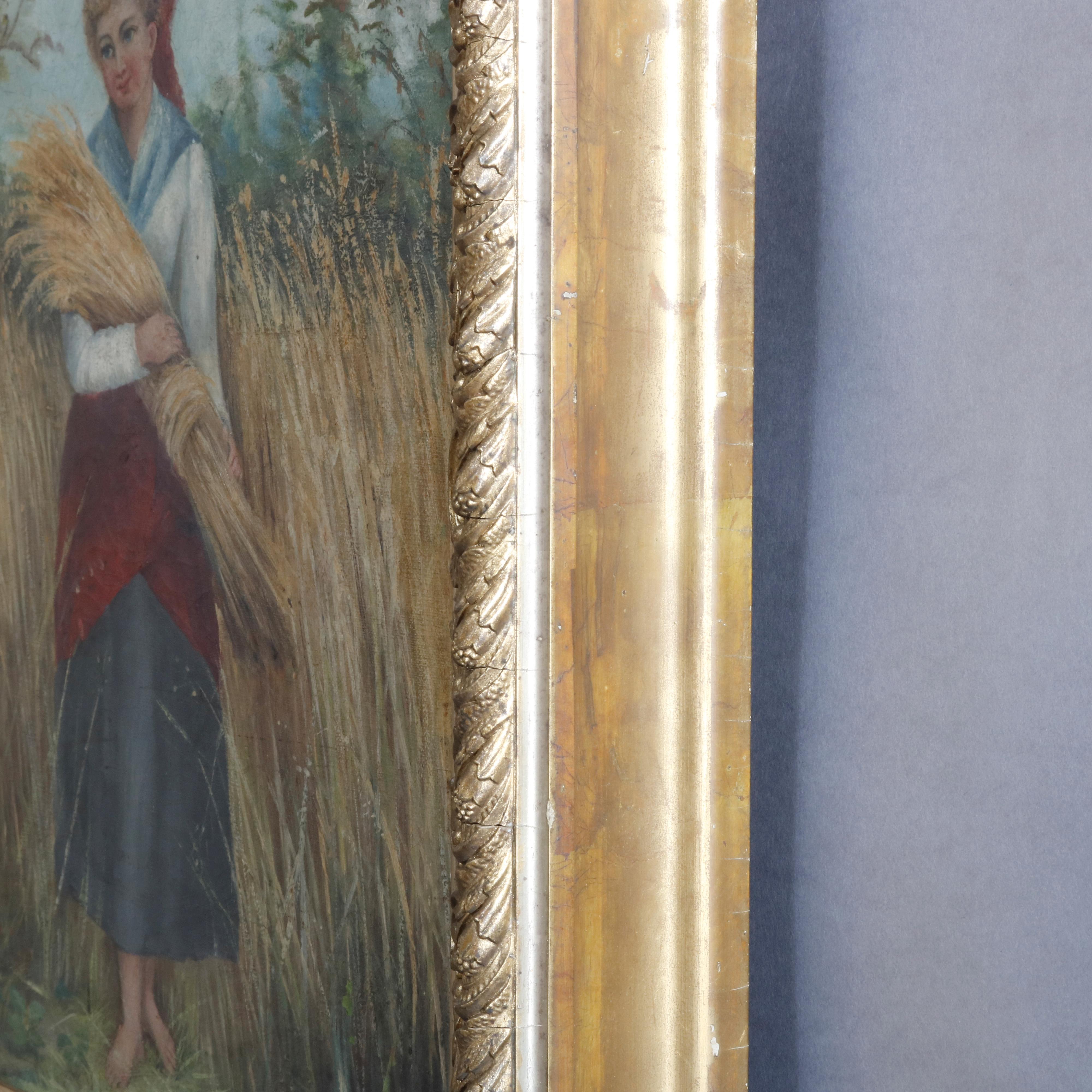 Antique Continental Maiden in Field Portrait Oil on Canvas Painting, circa 1890 5