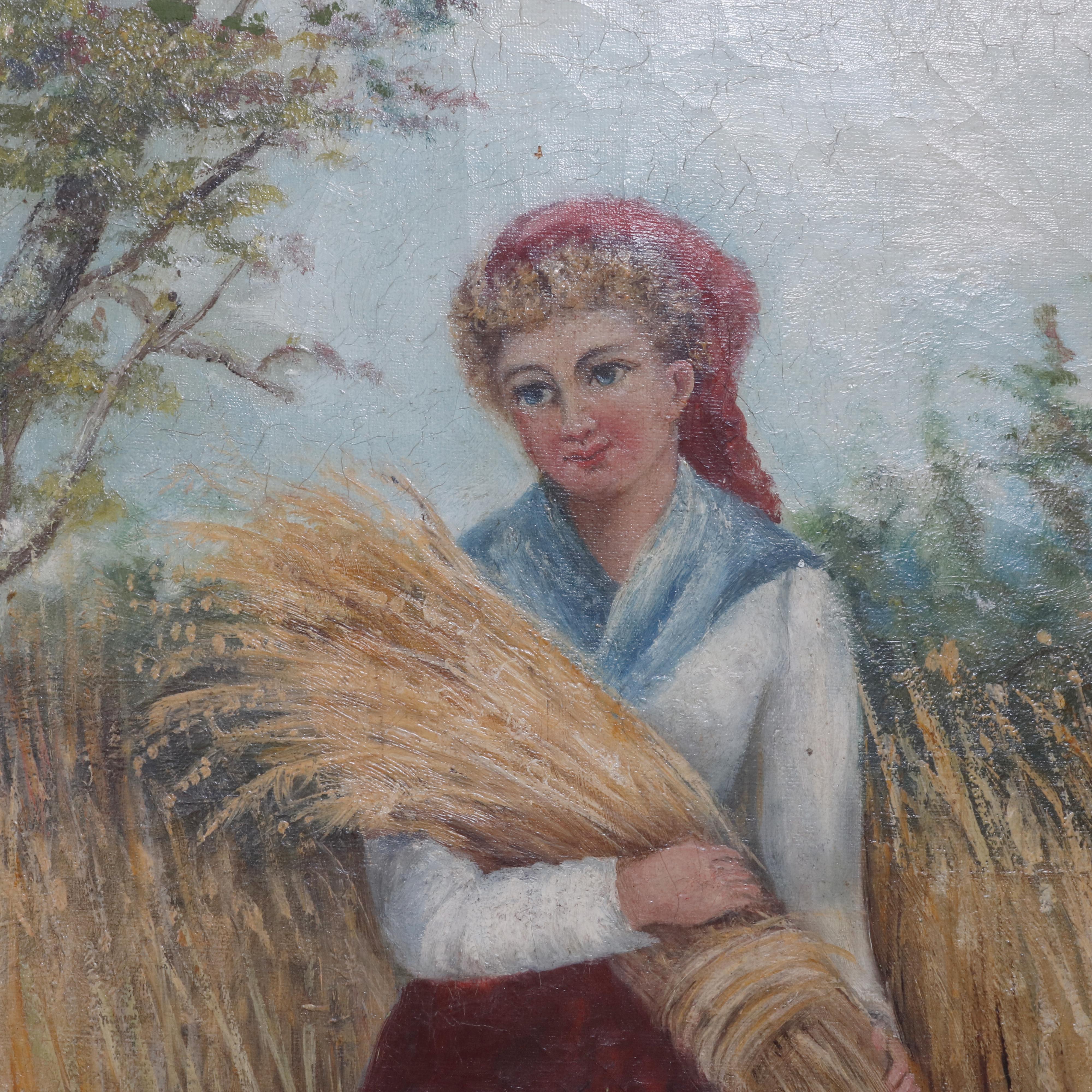An antique painting, continental oil on canvas depicts barefoot young woman in countryside setting carrying her wheat harvest, seated in giltwood frame, circa 1890

Measures: 29.25