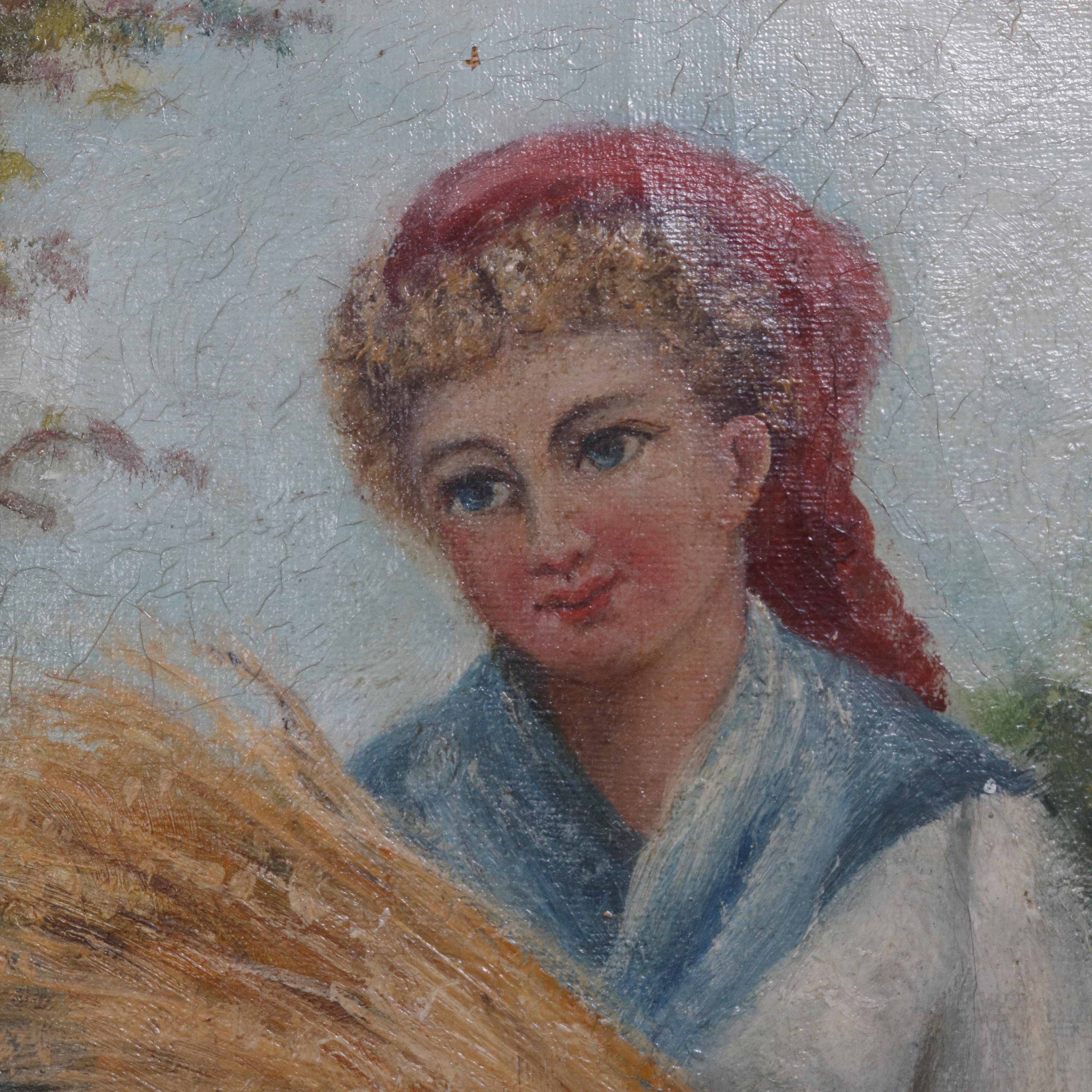European Antique Continental Maiden in Field Portrait Oil on Canvas Painting, circa 1890