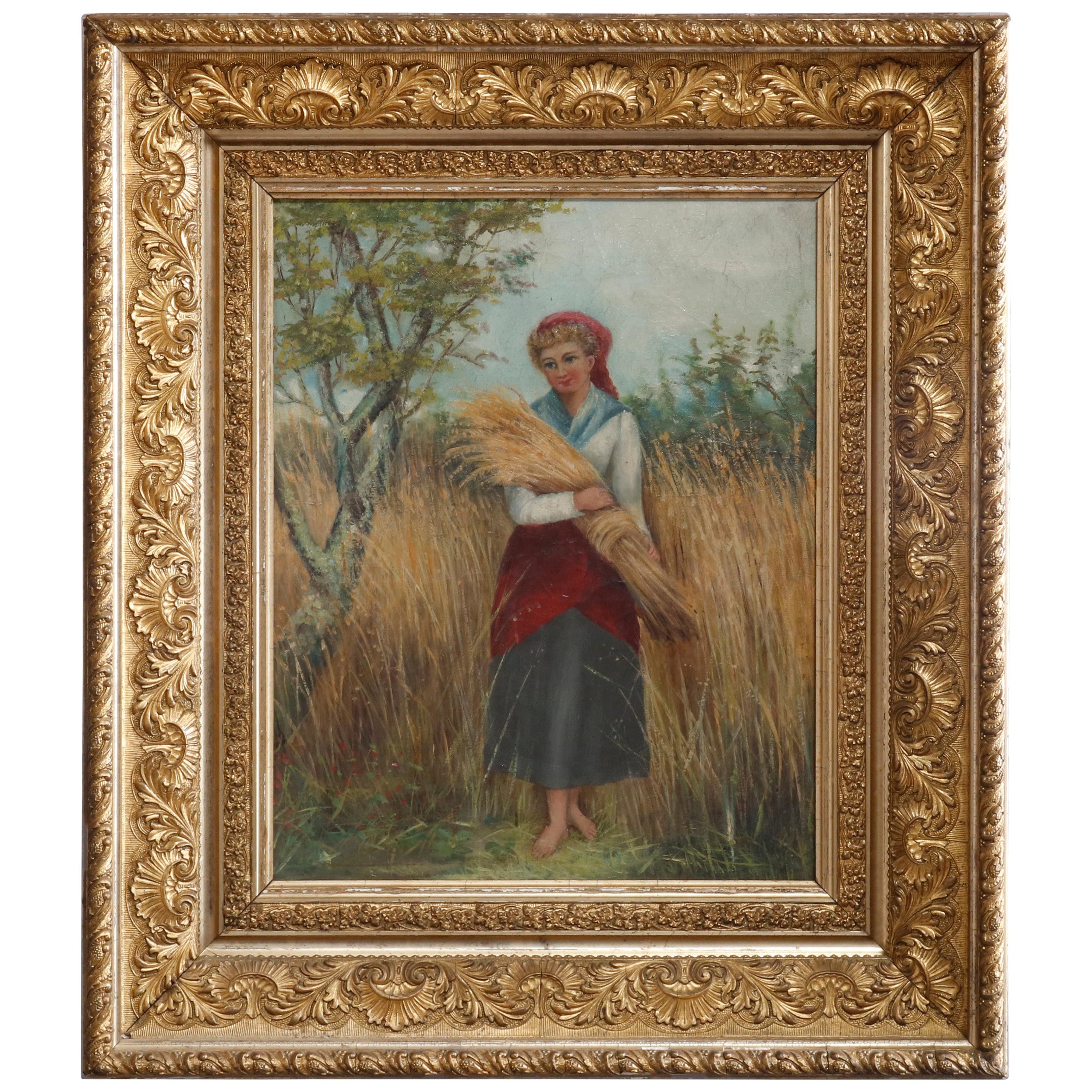 Antique Continental Maiden in Field Portrait Oil on Canvas Painting, circa 1890