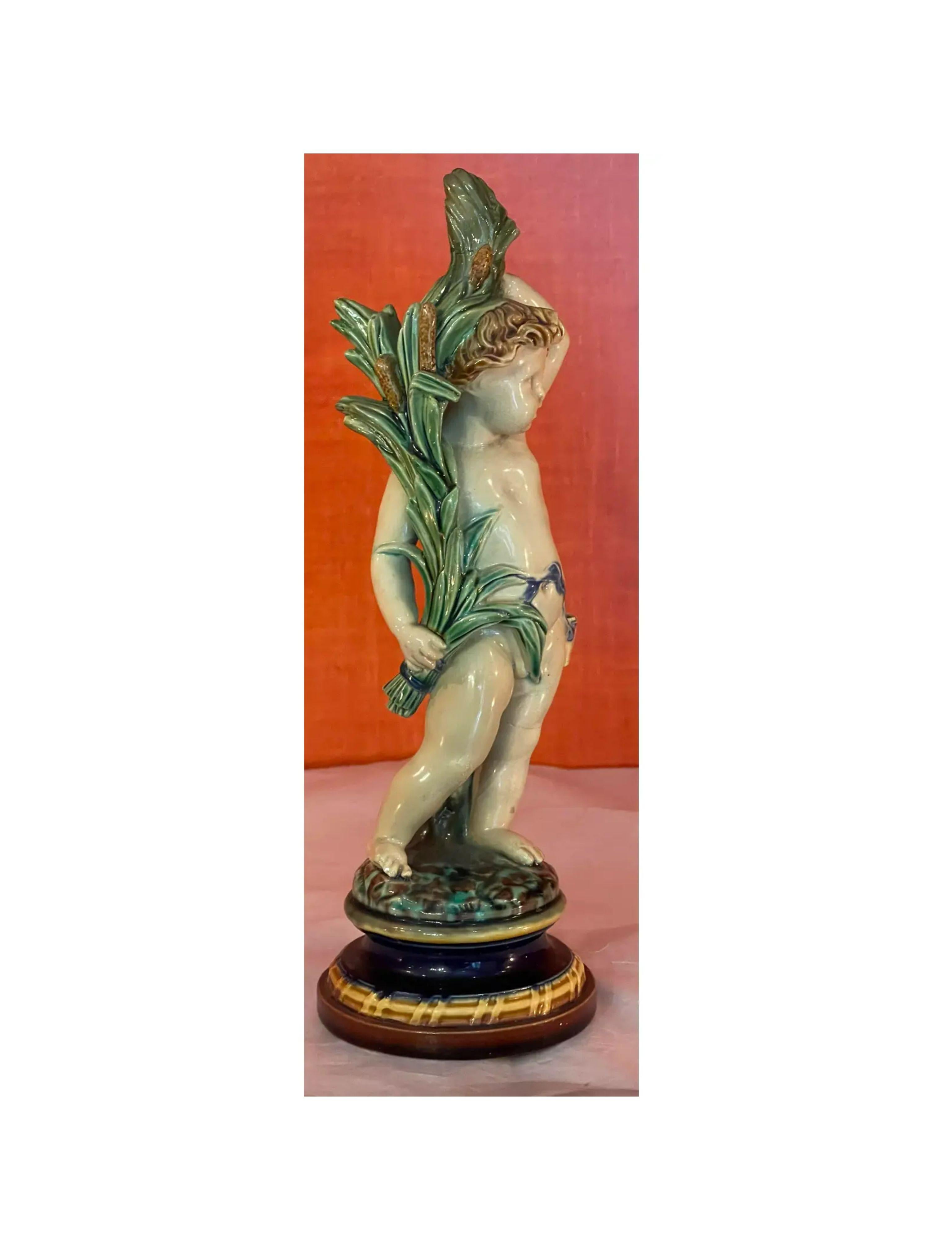 Antique Continental Majolica Pottery Putti Figure, 19th Century In Good Condition In LOS ANGELES, CA