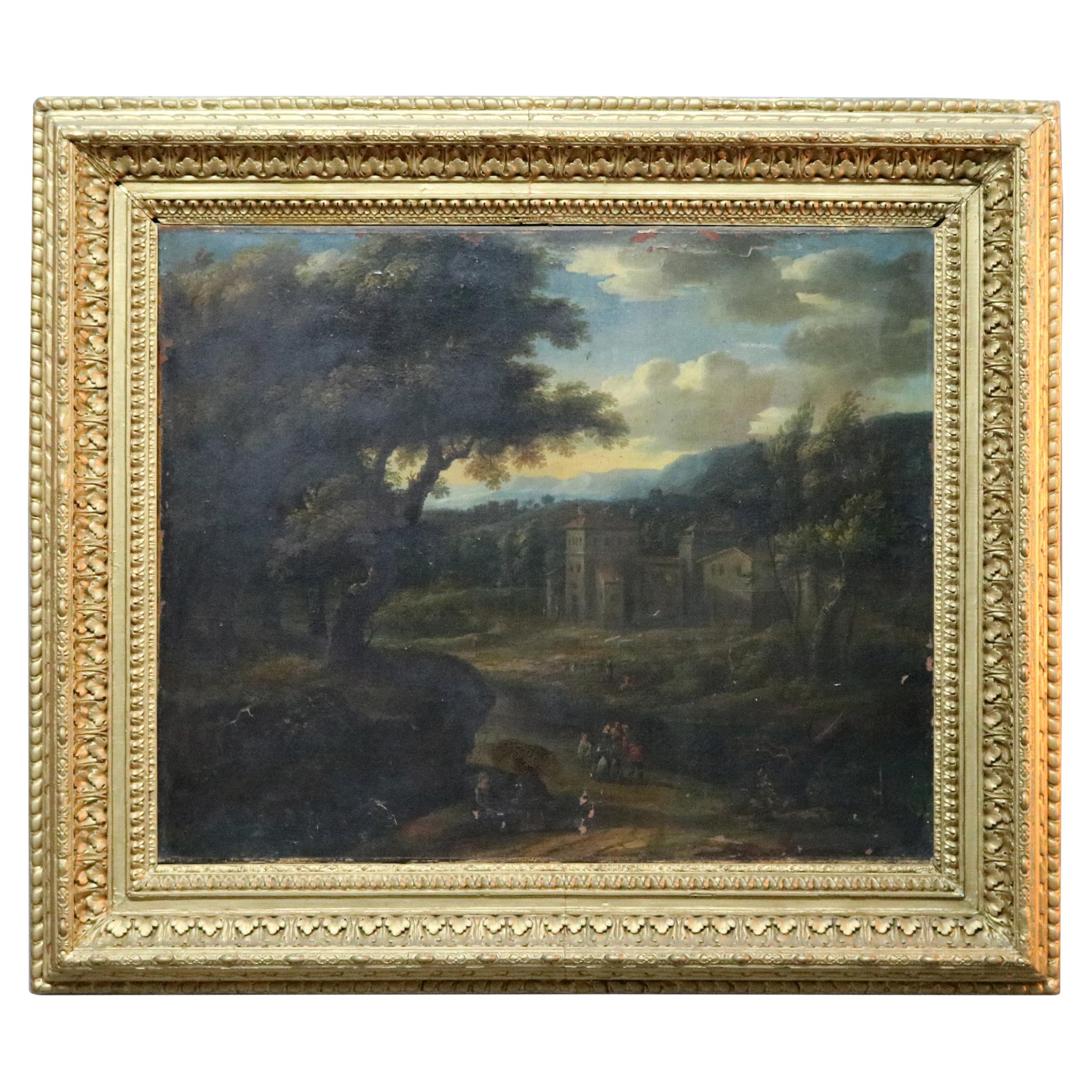 Antique Continental Oil on Canvas, Landscape Village Scene, Signed Warren, c1880