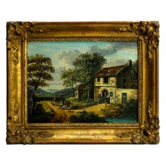 Antique Continental Oil on Canvas Painting, Village Scene in Giltwood, c1860