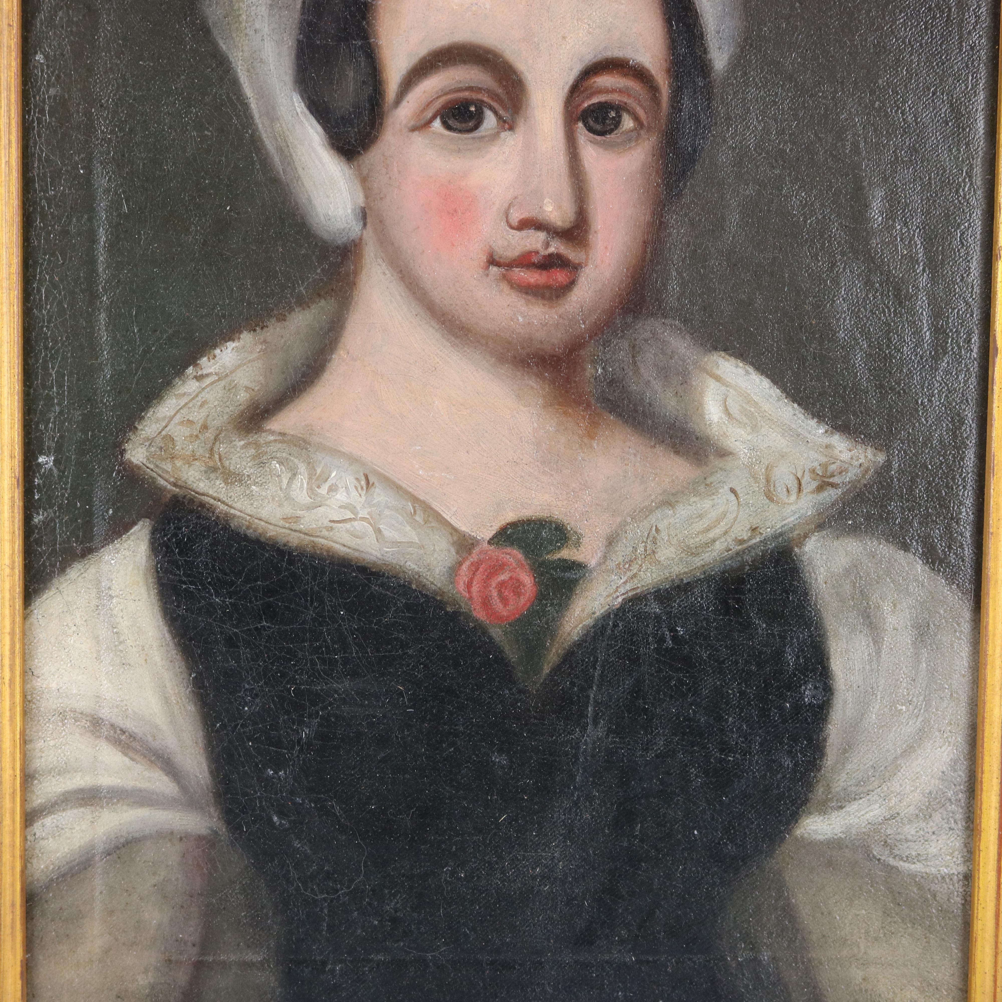 Carved Antique Continental Oil on Canvas Portrait Painting of Young Woman, 19th Century