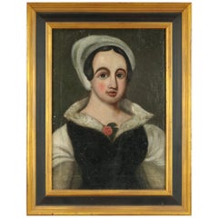 Antique Continental Oil on Canvas Portrait Painting of Young Woman, 19th Century