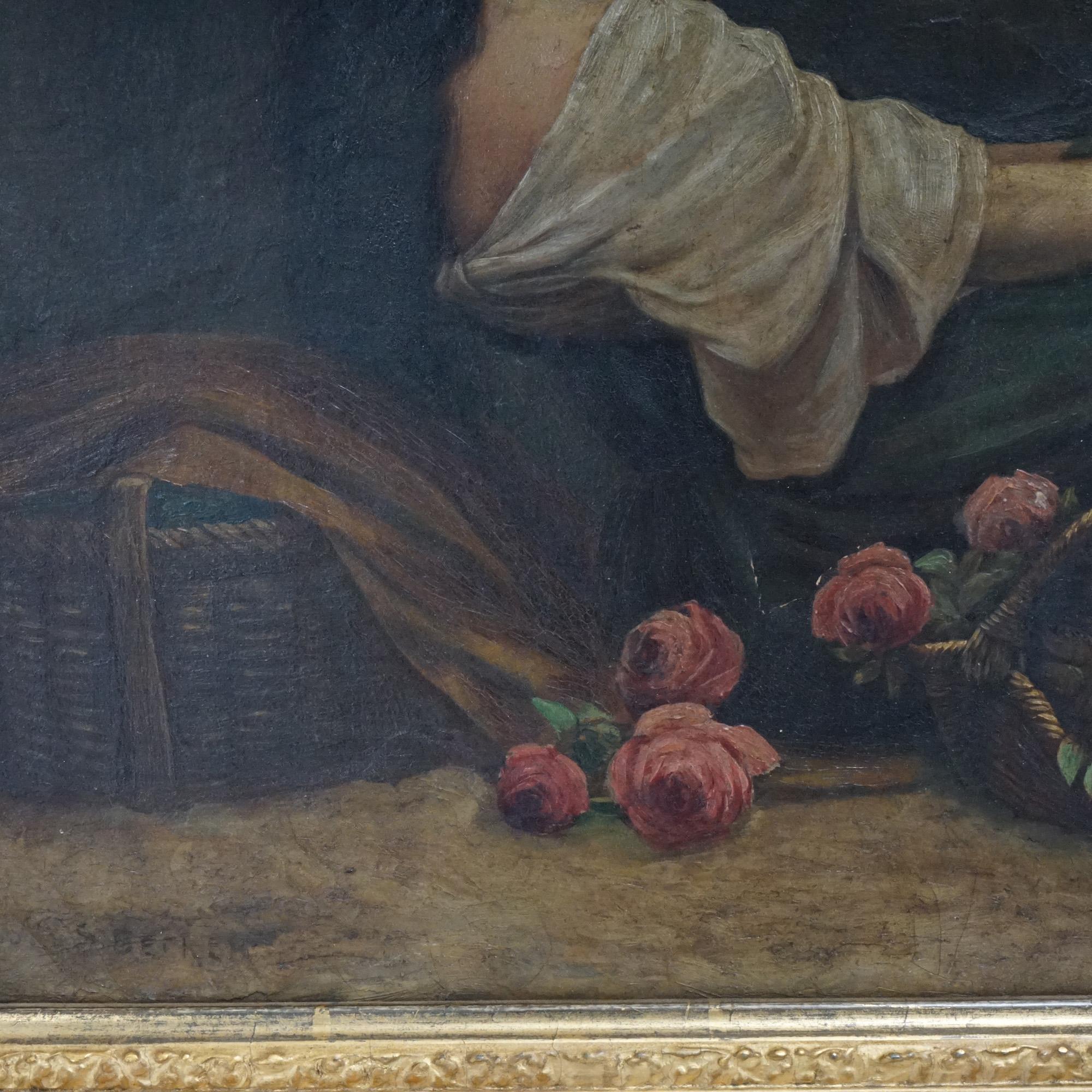 European Antique Continental Oil Painting of Woman with Flowers, Artist Signed, 19th C