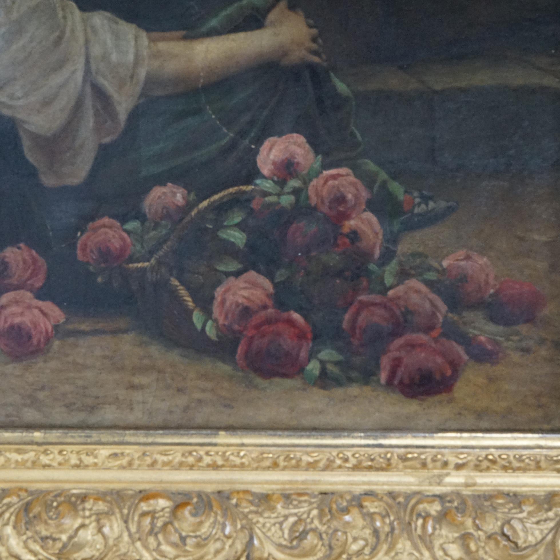 Hand-Painted Antique Continental Oil Painting of Woman with Flowers, Artist Signed, 19th C