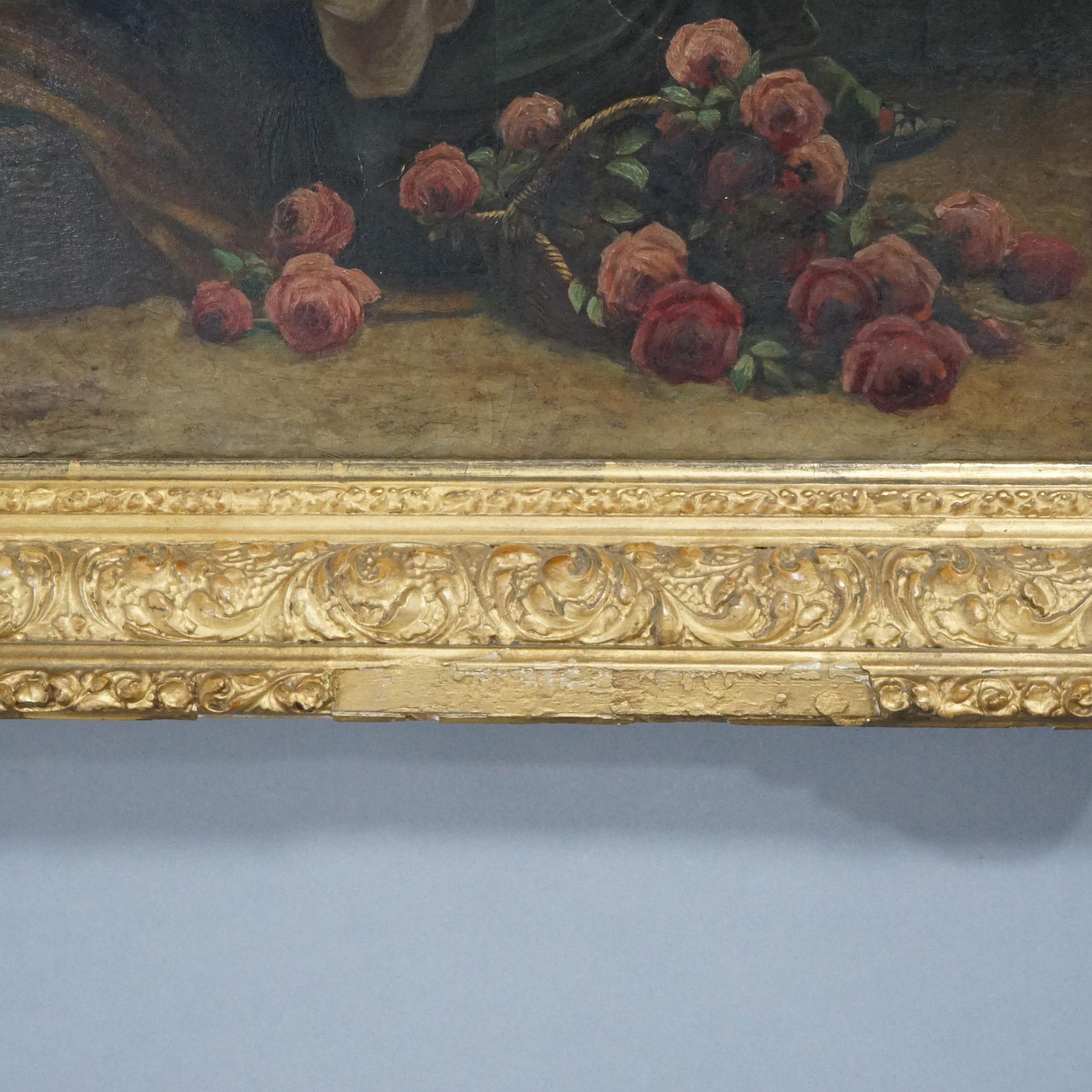 Antique Continental Oil Painting of Woman with Flowers, Artist Signed, 19th C 1