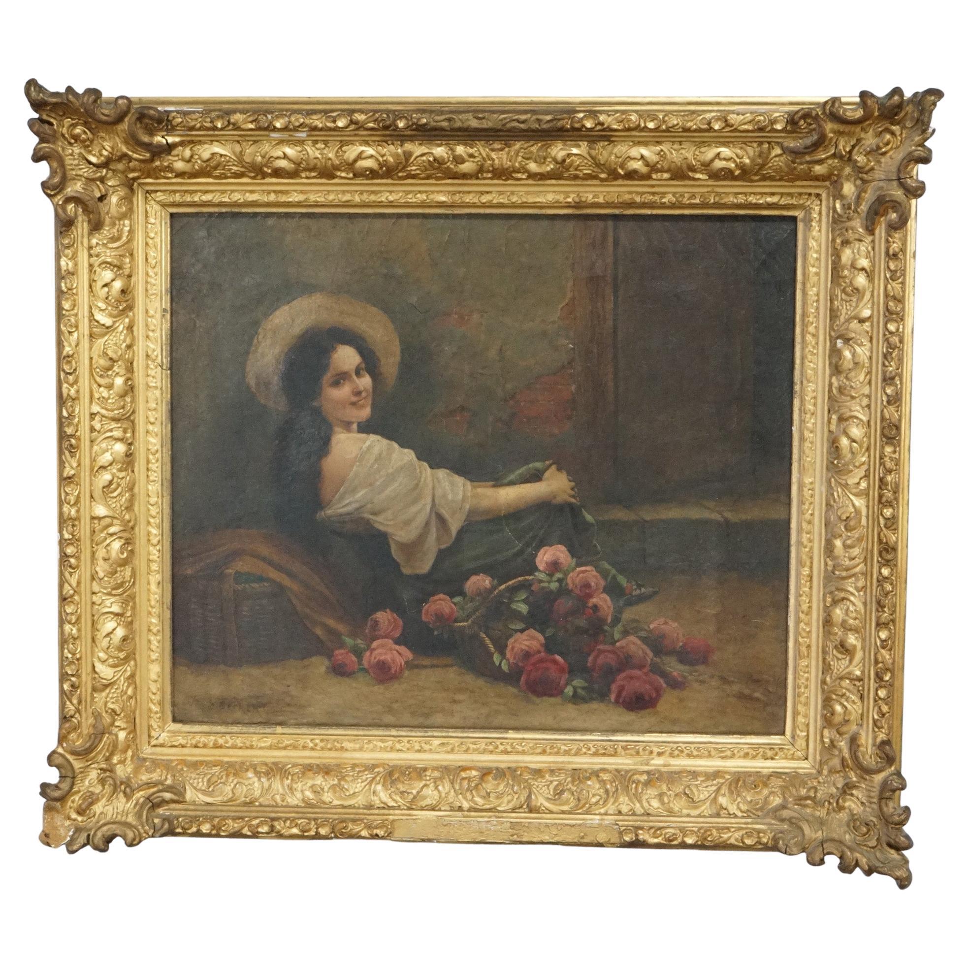 Antique Continental Oil Painting of Woman with Flowers, Artist Signed, 19th C