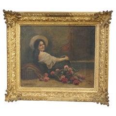 Antique Continental Oil Painting of Woman with Flowers, Artist Signed, 19th C
