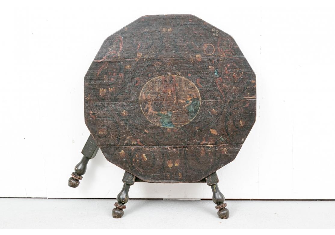 Hand-Painted Antique Continental Paint Decorated Octagonal Tilt Top Tavern Table, Dated, 1706 For Sale