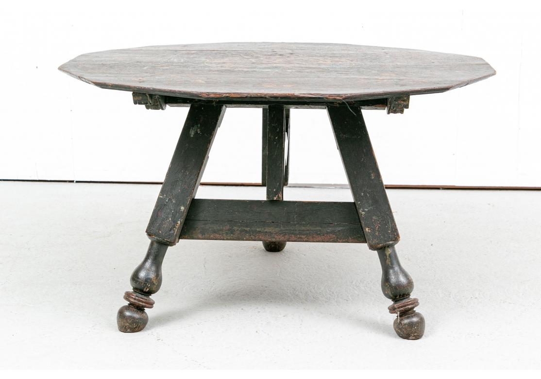 Wood Antique Continental Paint Decorated Octagonal Tilt Top Tavern Table, Dated, 1706 For Sale