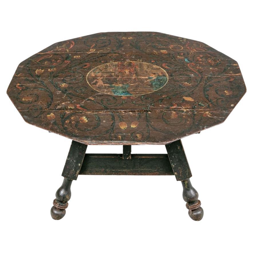 Ancienne table de taverne octogonale à plateau basculant décorée de peinture continentale, datée de 1706