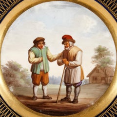Antique Continental parcel-gilt porcelain plate with pastoral landscape