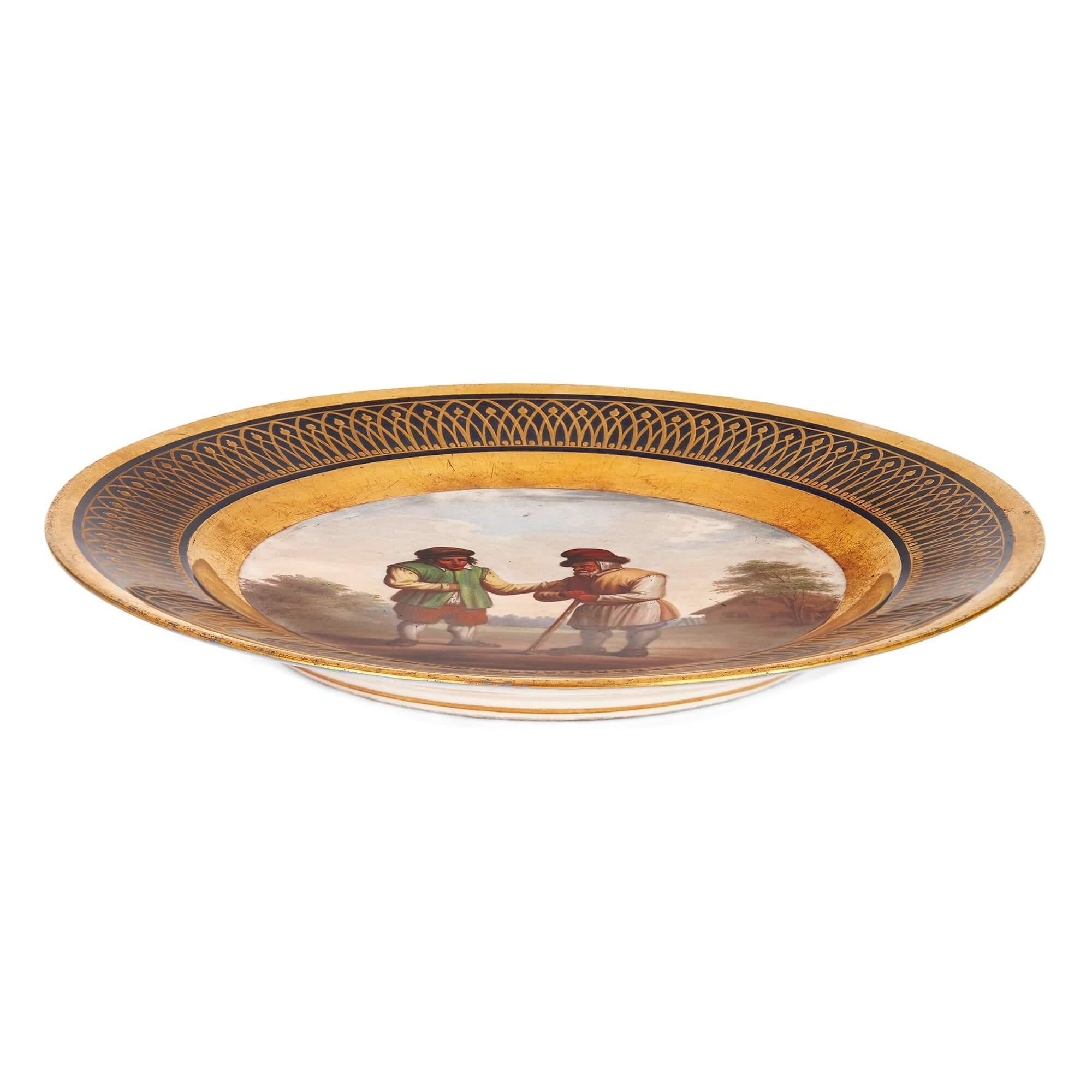 Rustic Antique Continental parcel-gilt porcelain plate with pastoral landscape For Sale