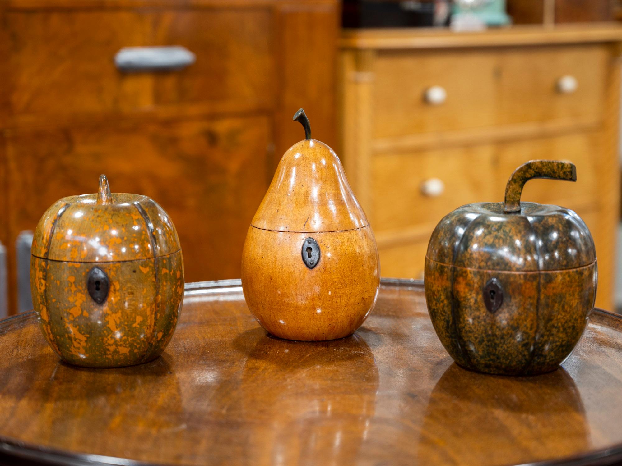 Novelty Fruit Caddy

From our Tea Caddy collection, we are delighted to offer this Georgian Continental Pear Fruit Tea Caddy. The Tea Caddy turned in Sycamore shaped as a Pear fruit with globular body and tapered lid with a naturalistic stalk to the