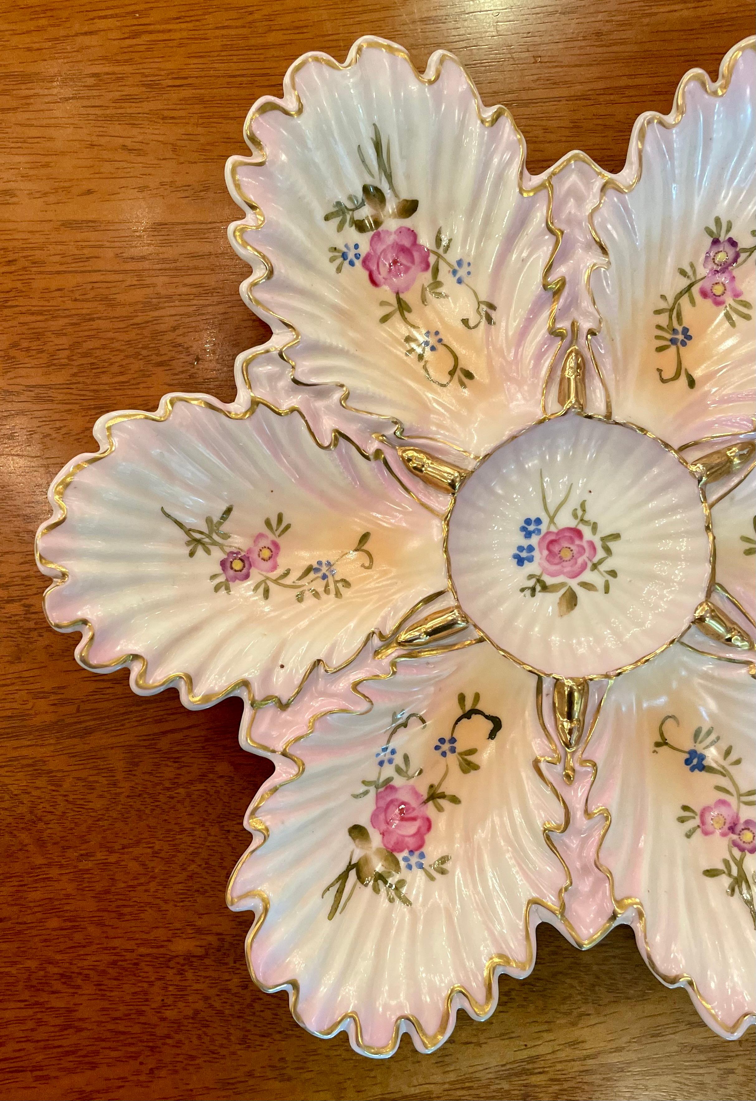 Antique Continental Pink & Gold Porcelain Ruffled Edge Oyster Plate, c. 1880's In Good Condition In New Orleans, LA