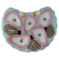 Antique Continental Porcelain Blue & Pink Crescent-Shaped Oyster Plate, Ca. 1890