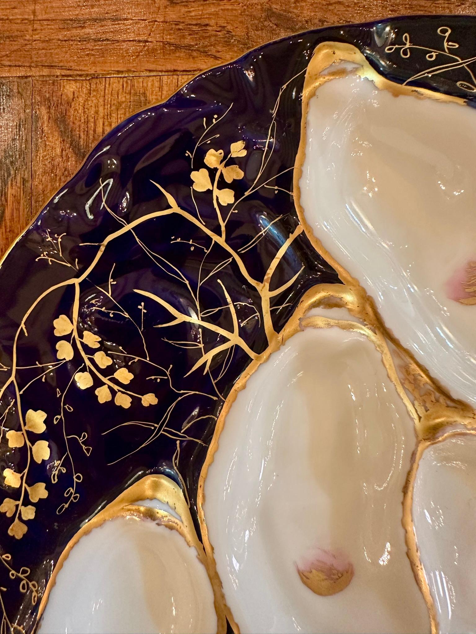 Antique Continental Porcelain Cobalt Blue and Gold Turkey Pattern Oyster Plate, Circa 1890.