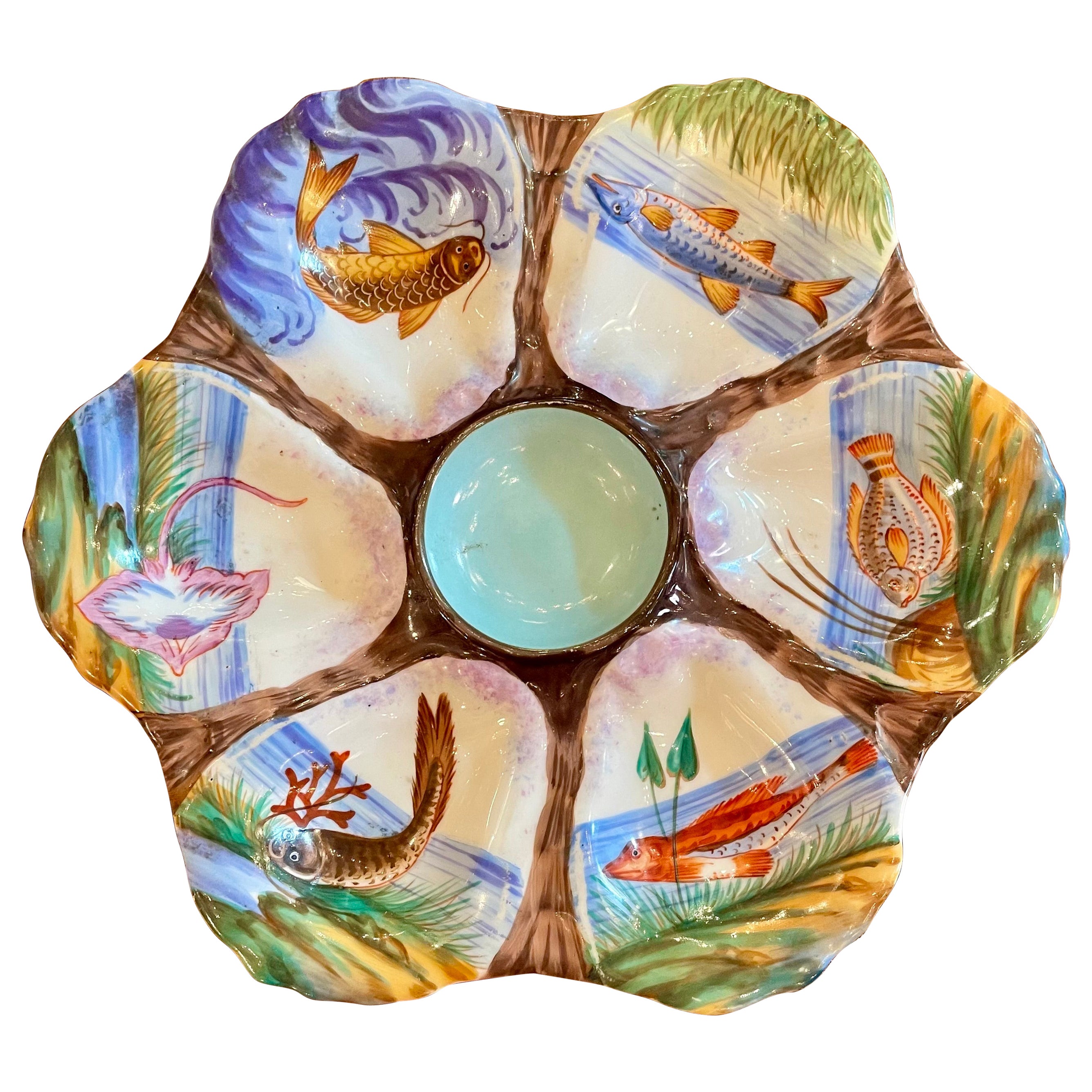 Antique Continental Porcelain Colorful Hand-Painted Sea-Life Oyster Plate C 1890