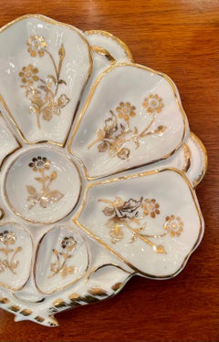 Antique Continental Porcelain Fan-Shaped Oyster Plate with Gold Leaf, circa 1890