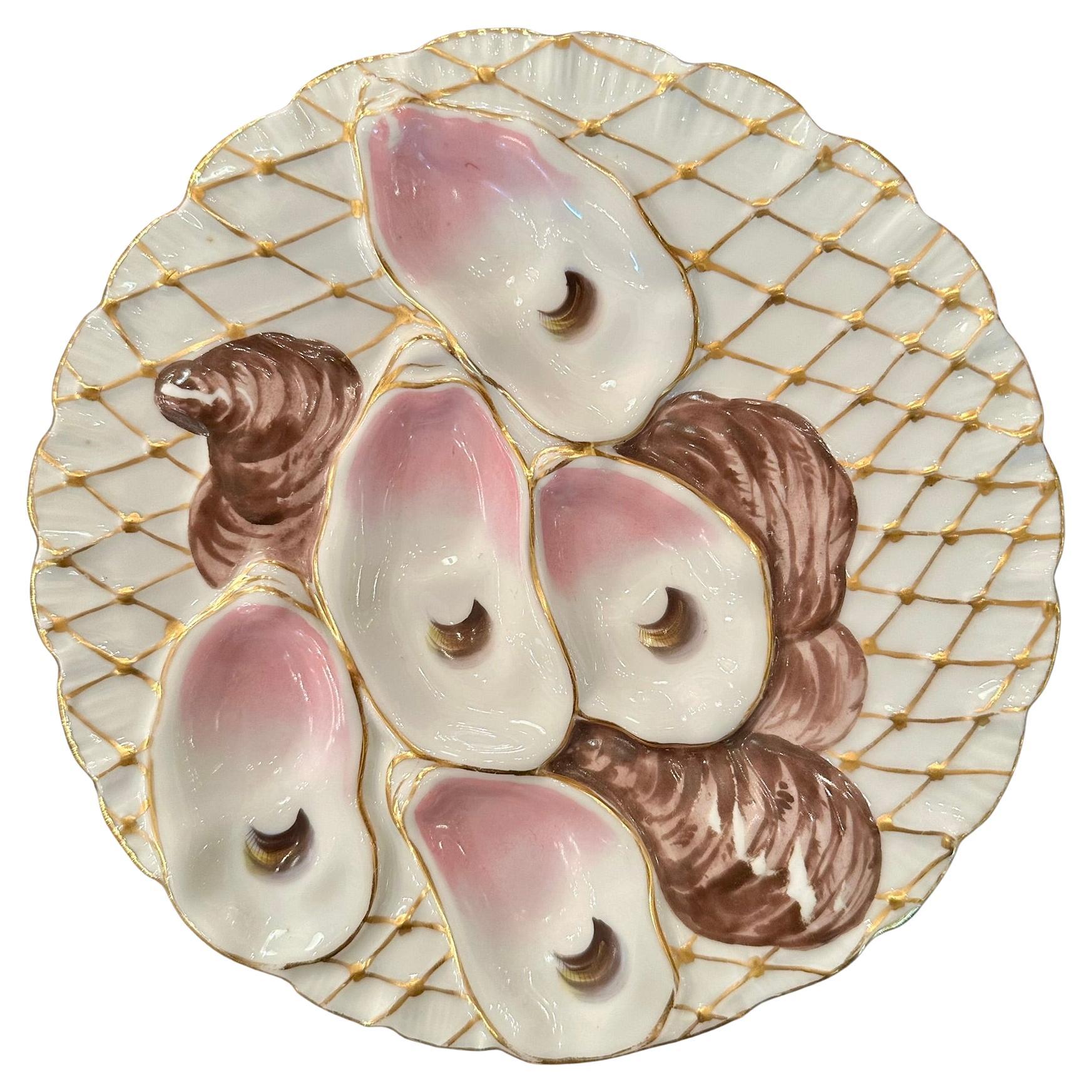 Antique Continental Porcelain Gold Netted Turkey Pattern Oyster Plate Circa 1890 For Sale